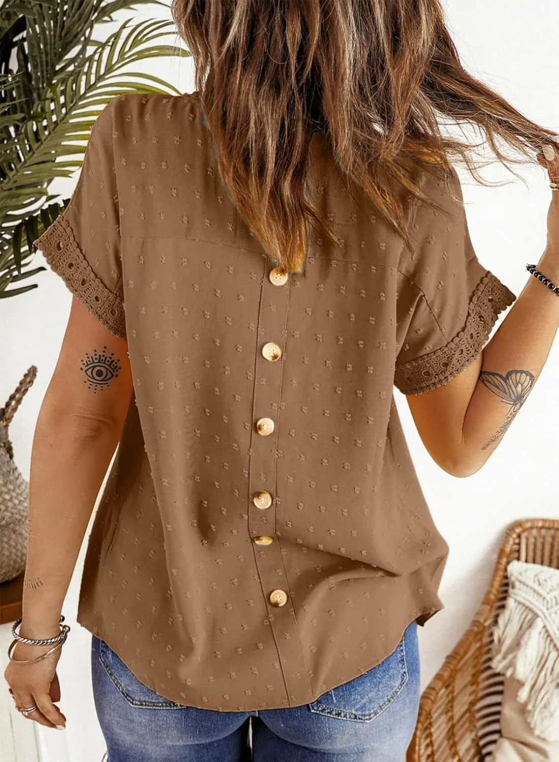 Dokotoo Womens Summer Tops Crewneck Lace Crochet Short Sleeve Shirts Casual Chiffon Blouses