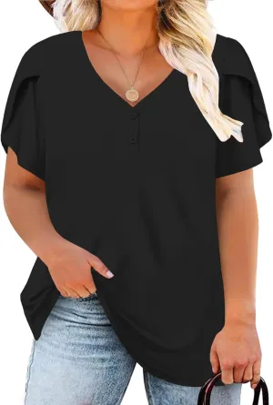 DOLNINE Womens Plus-Size Tops Petal Short Sleeve Shirts Summer Casual V Neck Loose Tee