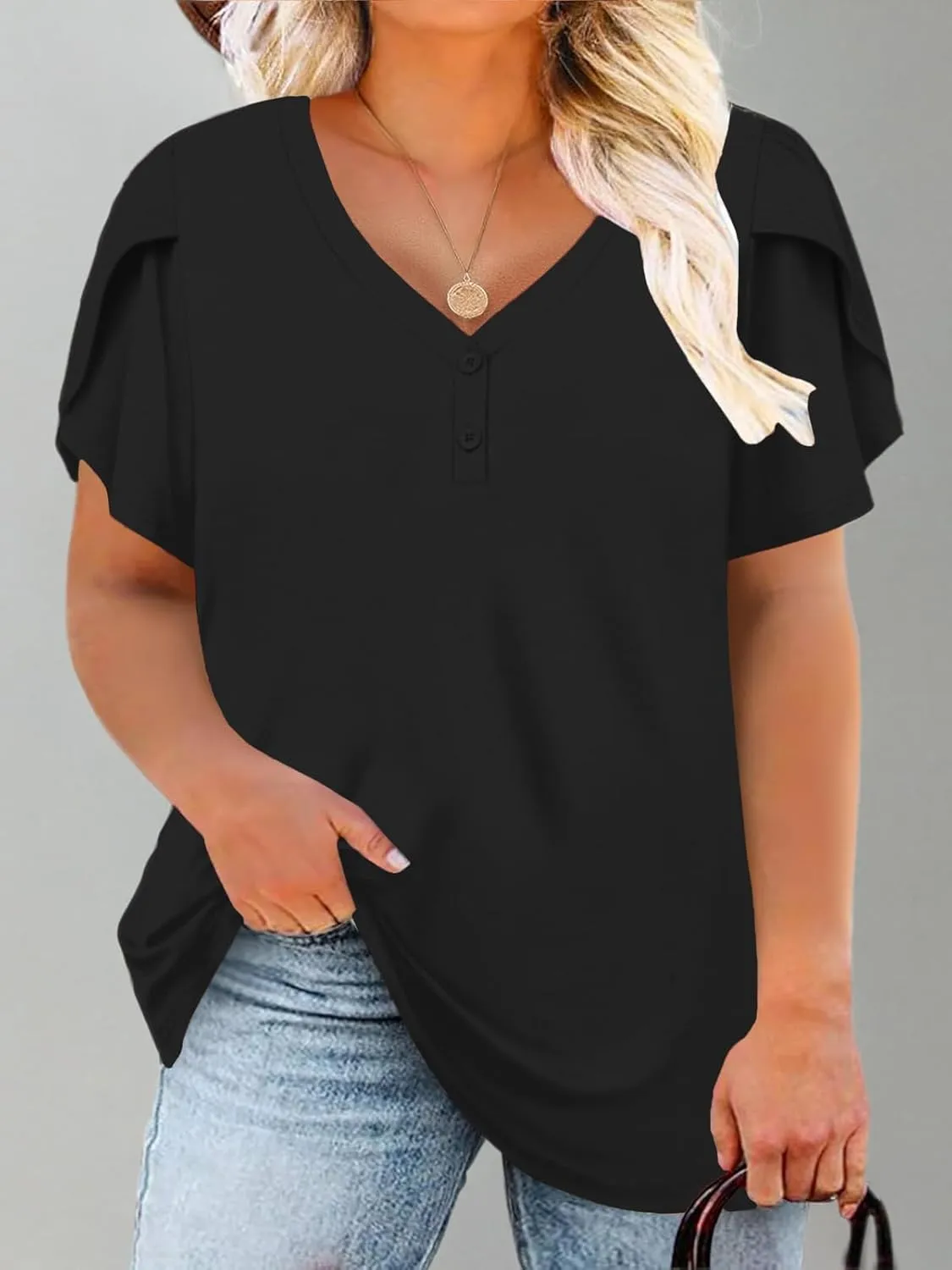 DOLNINE Womens Plus-Size Tops Petal Short Sleeve Shirts Summer Casual V Neck Loose Tee