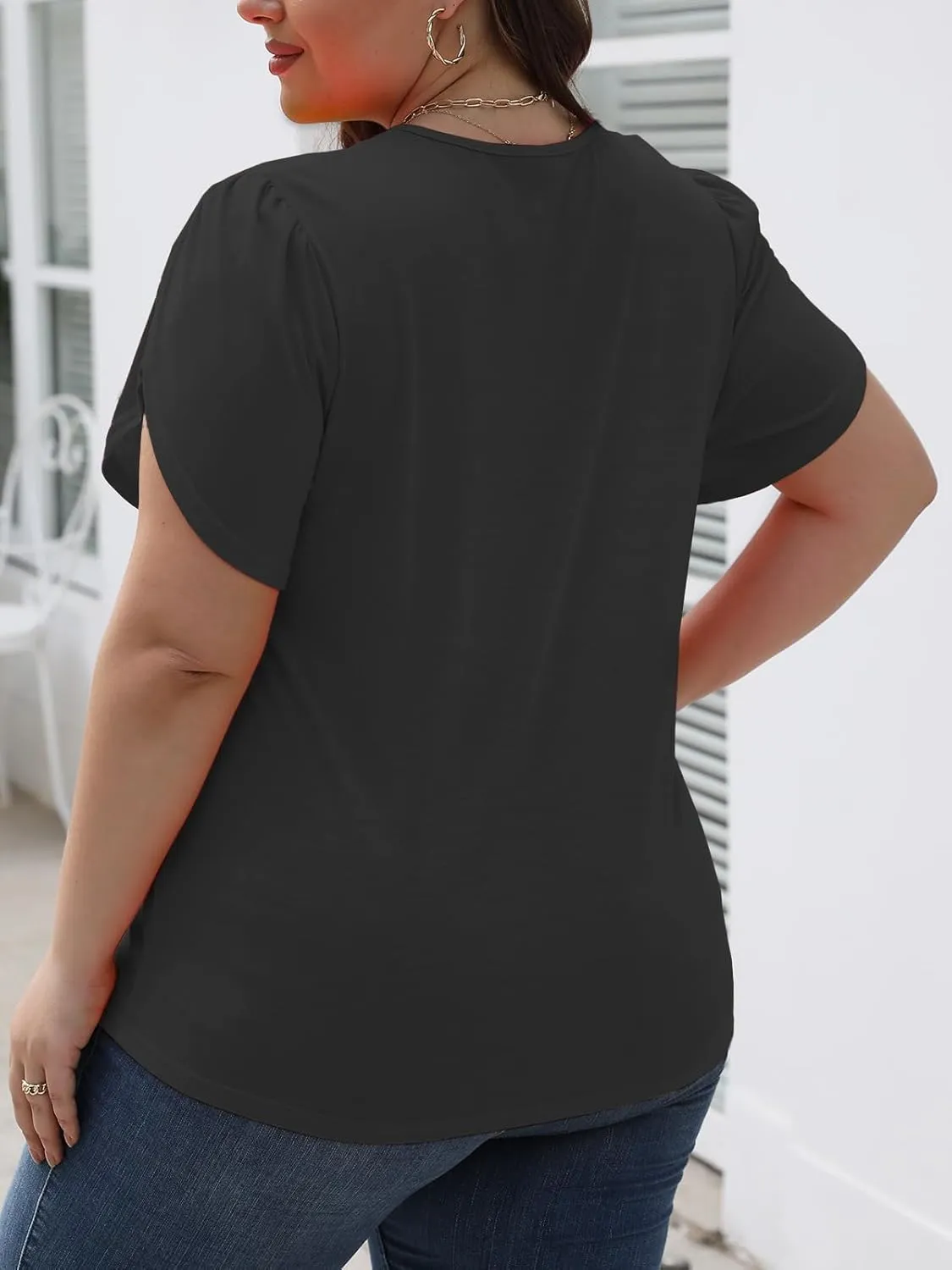 DOLNINE Womens Plus-Size Tops Petal Short Sleeve Shirts Summer Casual V Neck Loose Tee