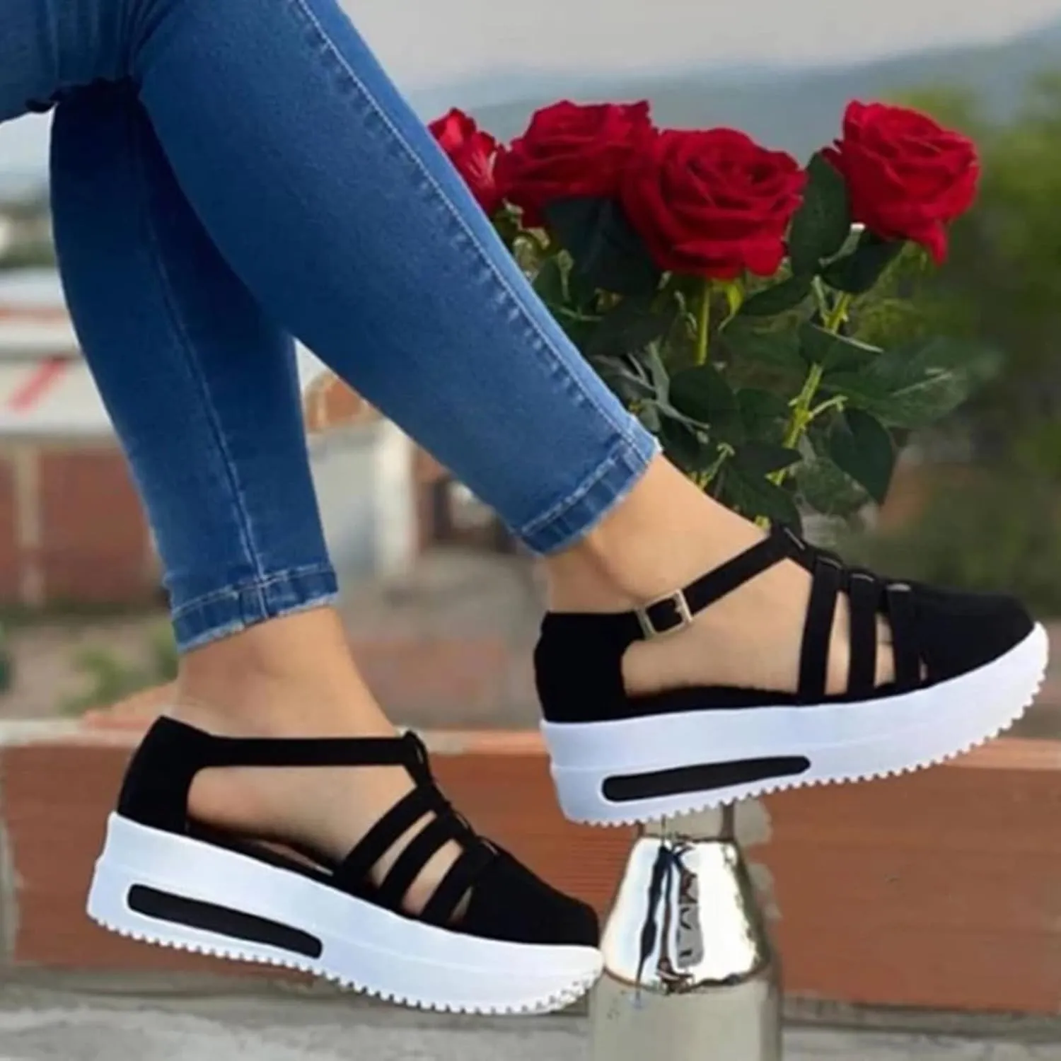 Dotmalls Women's Slip-on Platform Sandals Dress Summer Closed ToeSandals Ankle Strap Canvas Orthopedic Walking Shoes