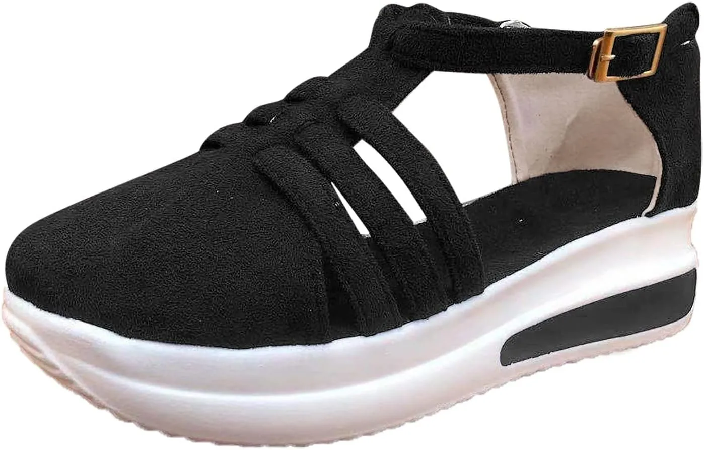 Dotmalls Women's Slip-on Platform Sandals Dress Summer Closed ToeSandals Ankle Strap Canvas Orthopedic Walking Shoes