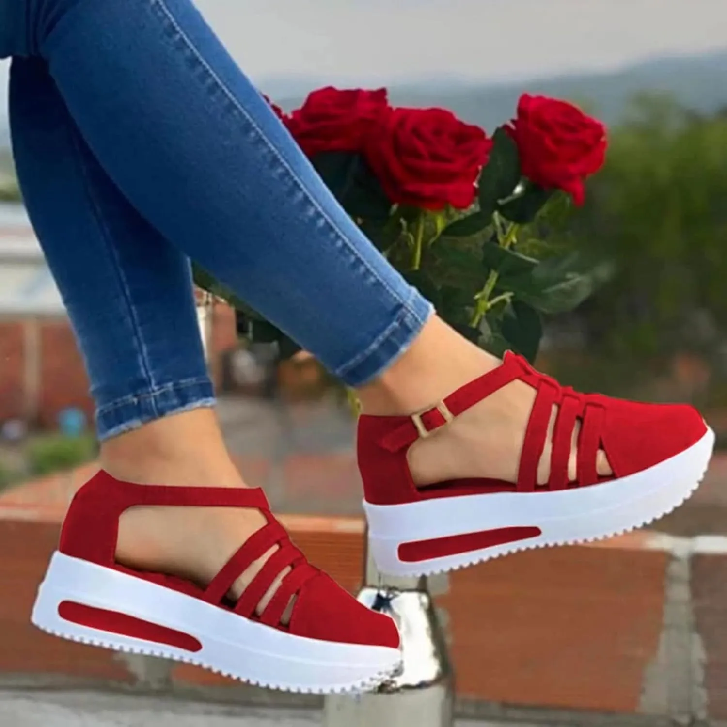 Dotmalls Women's Slip-on Platform Sandals Dress Summer Closed ToeSandals Ankle Strap Canvas Orthopedic Walking Shoes