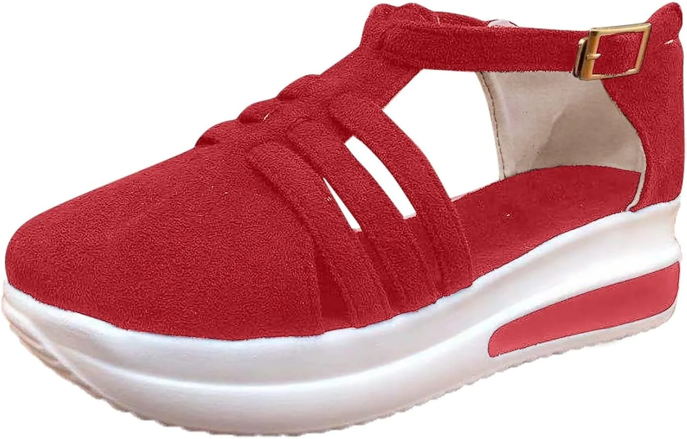 Dotmalls Women's Slip-on Platform Sandals Dress Summer Closed ToeSandals Ankle Strap Canvas Orthopedic Walking Shoes