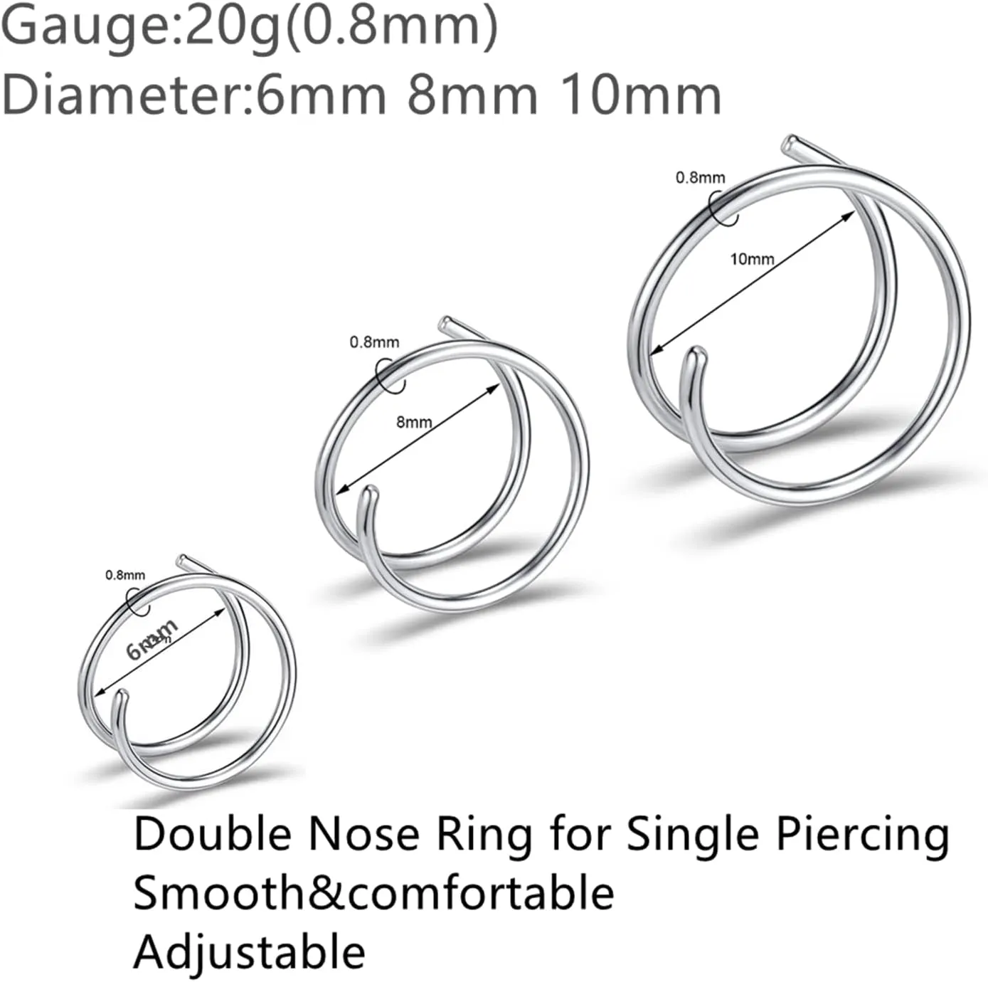Double Nose Ring for Single Piercing 20g Nose Rings Hoops 6mm 8mm 10mm Surgical Steel Nose Hoop Silver/Gold/Rose Gold/Black/Rainbow