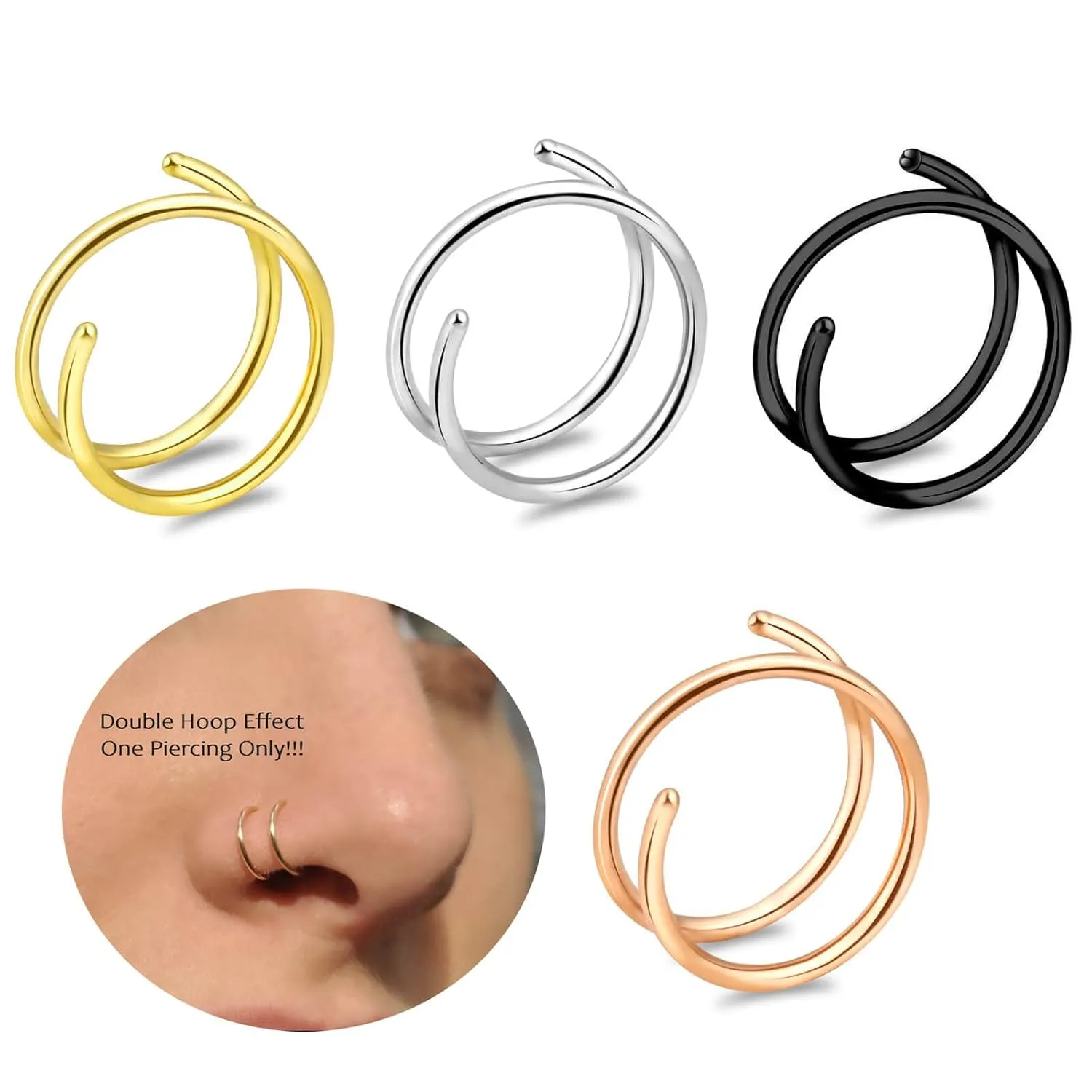 Double Nose Ring for Single Piercing,20G Snug Spiral Nose Ring 8mm Thin Nose Rings Hoops Twist Nose Piercing Jewelry for Women Men(Left Side 4PCS 8mm)