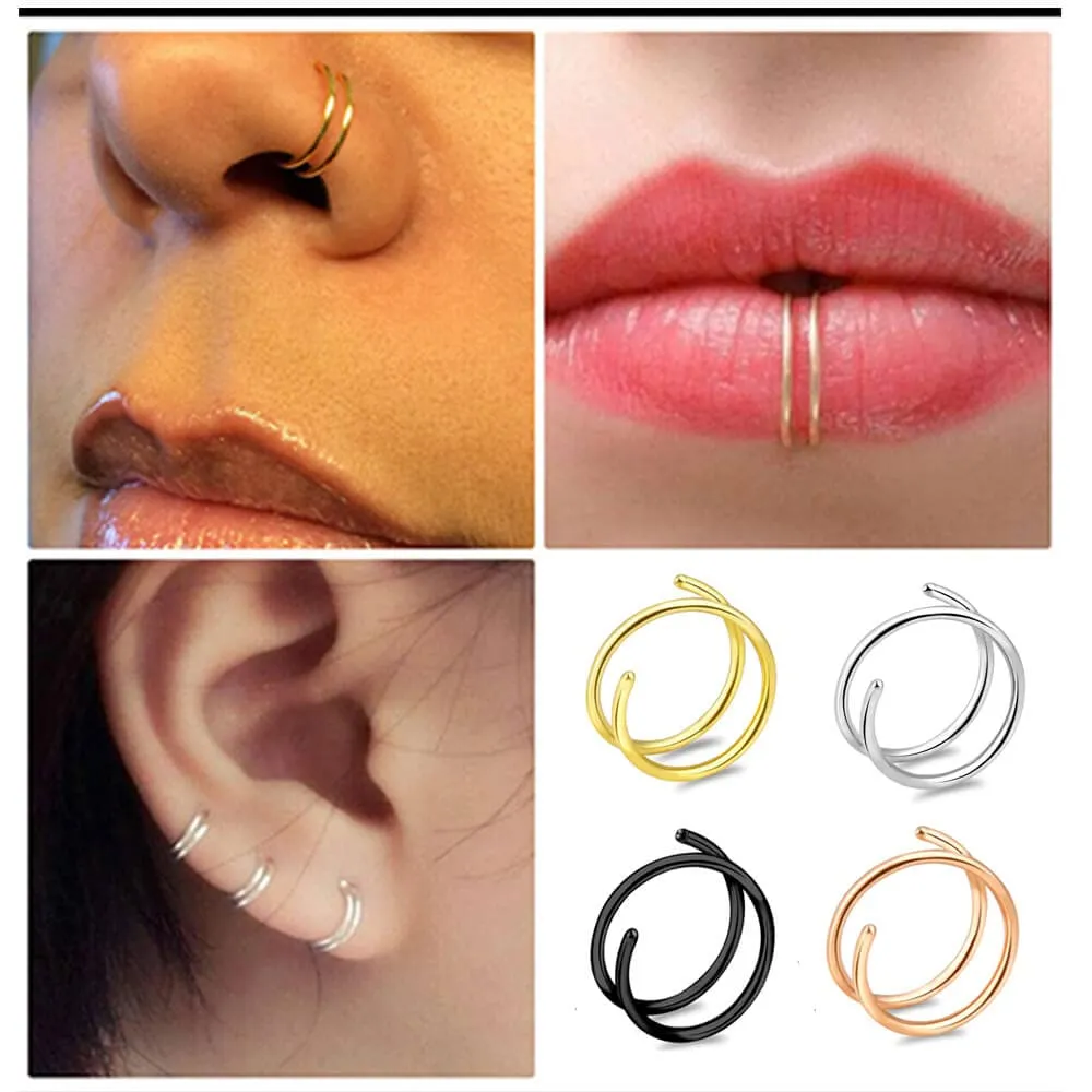 Double Nose Ring for Single Piercing,20G Snug Spiral Nose Ring 8mm Thin Nose Rings Hoops Twist Nose Piercing Jewelry for Women Men(Left Side 4PCS 8mm)