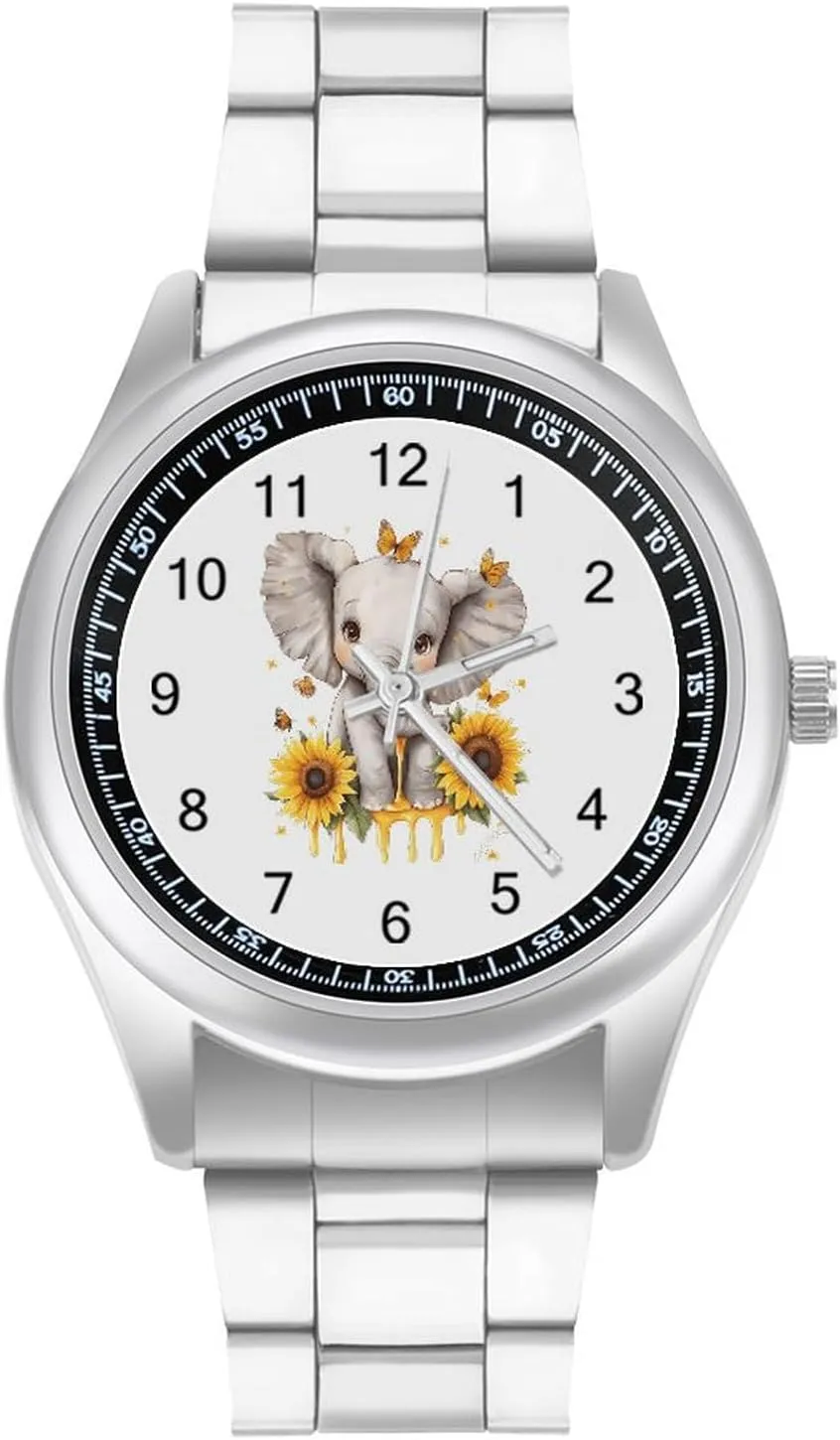 Elephant Sunflowers and Butterfly Stainless Steel Strap Simple Business Watches for Men Easy Reader Work Casual Watch
