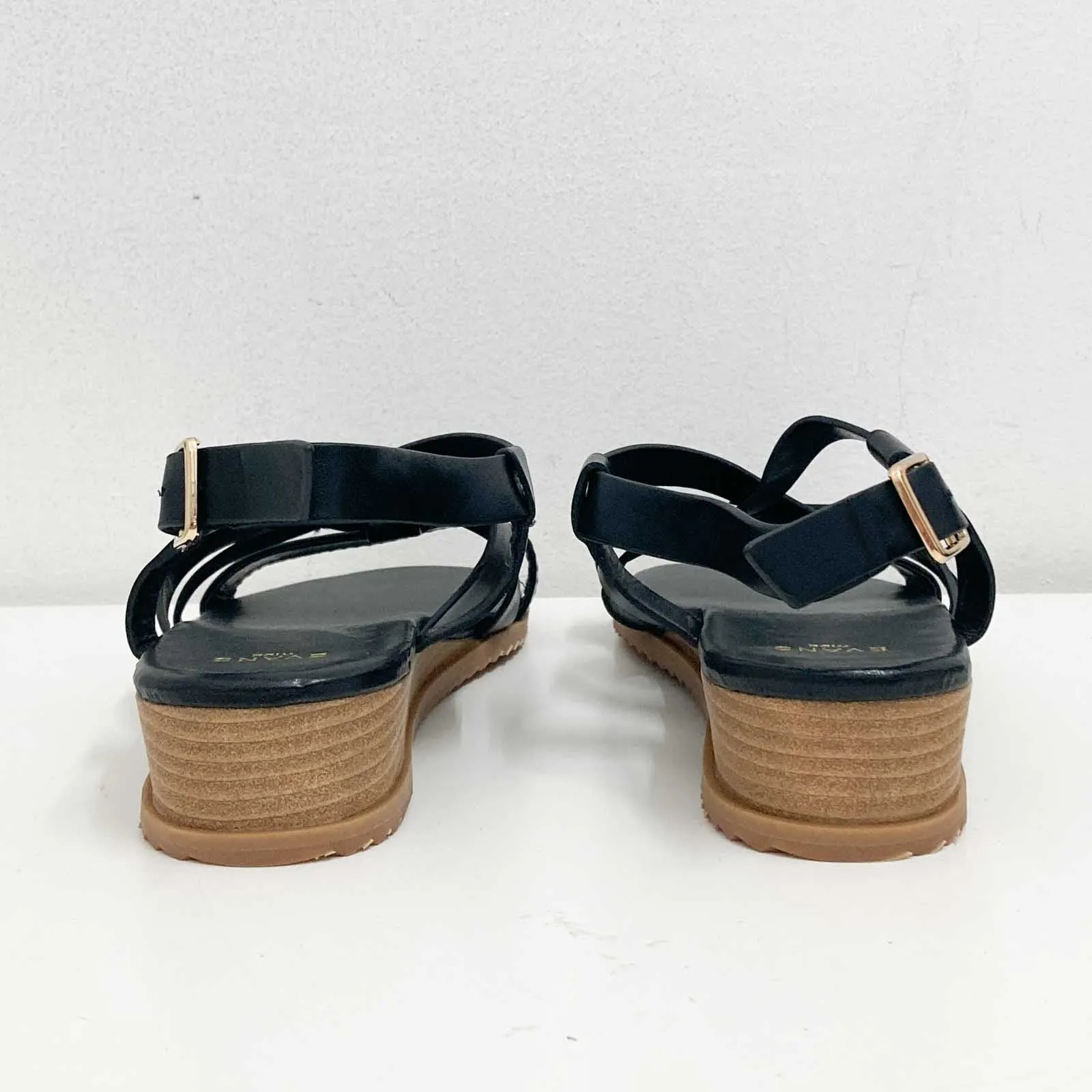 Evans Black Faux Leather Strappy Open Toe Wedge Sandals UK 4E