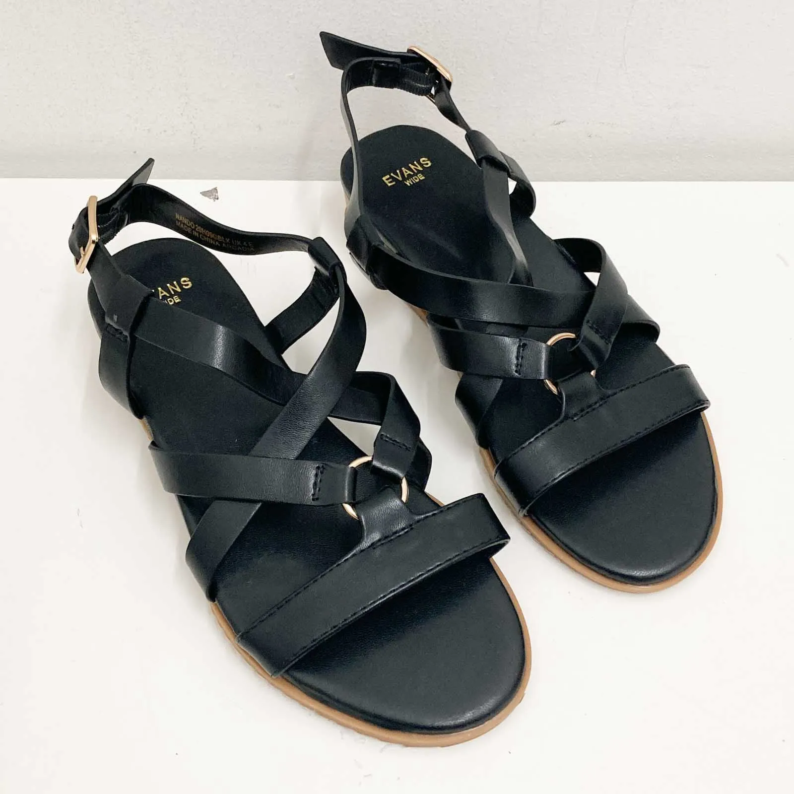 Evans Black Faux Leather Strappy Open Toe Wedge Sandals UK 4E