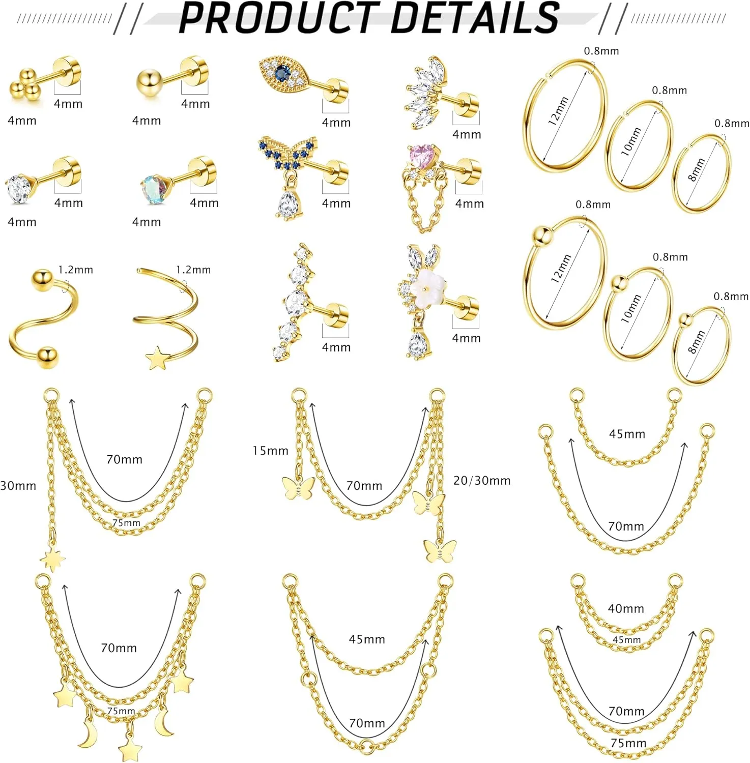 FIBO STEEL 20G Cartilage Earrings for Women - Helix, Flat Back Star Moon Butterfly CZ Stud Earrings - Small Hoop Chain Dangle Helix Tragus Piercing Jewelry