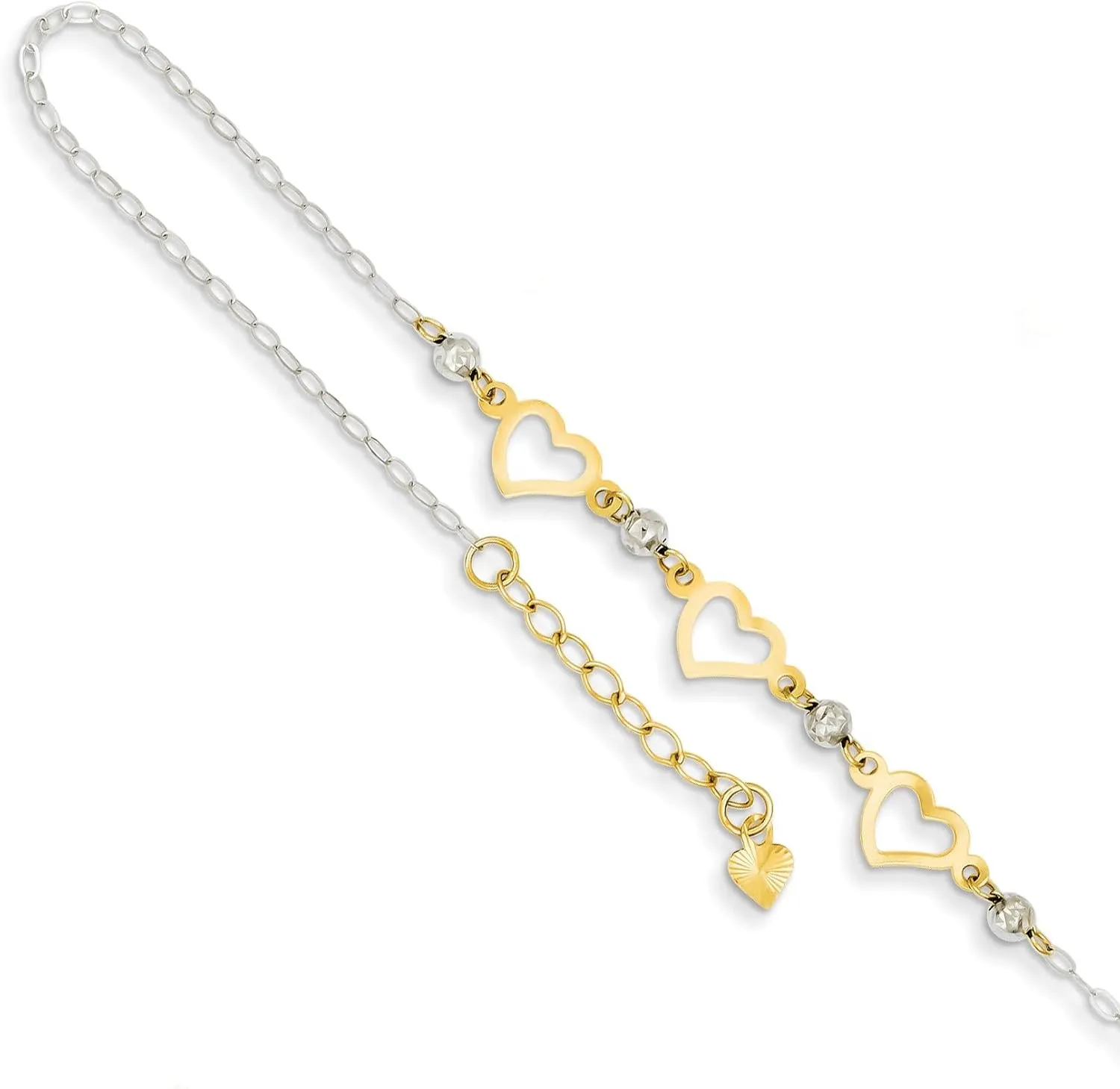 FindingKing 14K Gold Two Tone Oval Link Diamond Cut Beads & Heart Anklet Jewelry 9"