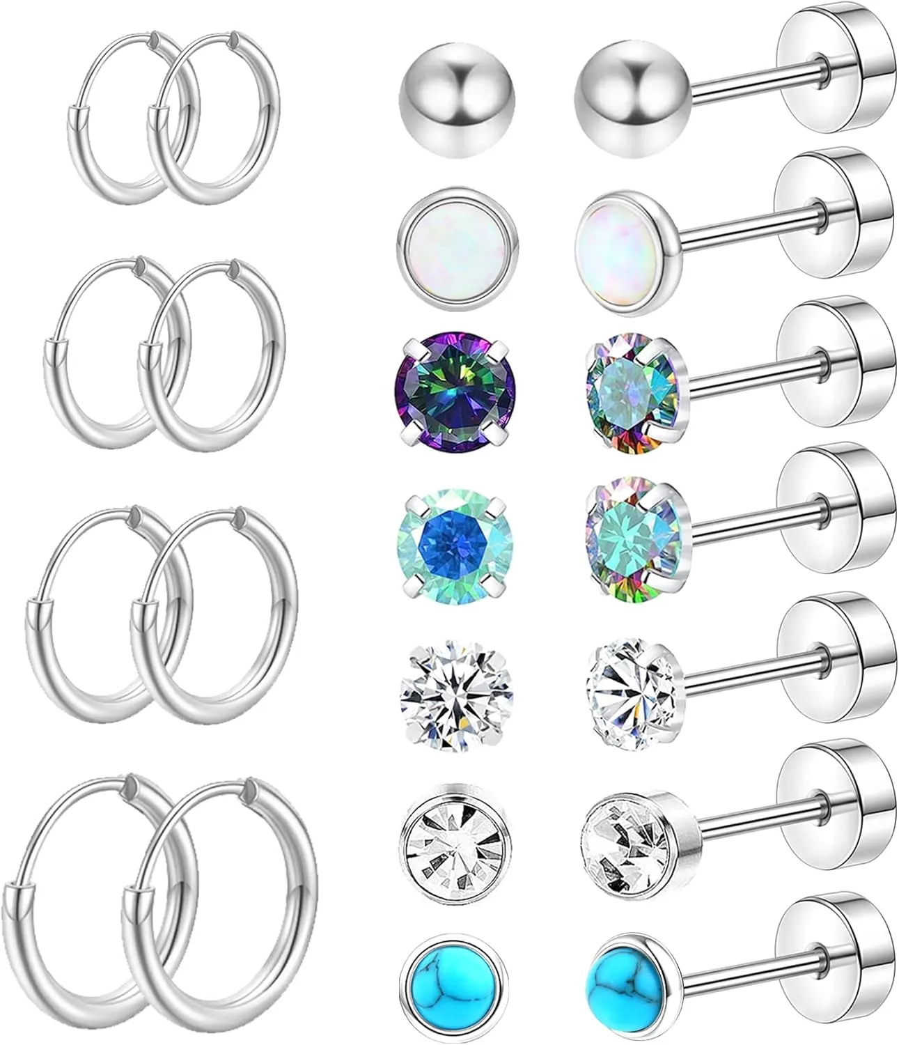 FIRAZIO 11Pairs Surgical Steel Earrings for Sensitive Ears Hypoallergenic Stainless Steel Earrings for Women Mens Titanium Earrings Cartilage Hoop Earring Flat Back Stud Earrings Sets for Multiple Piercing