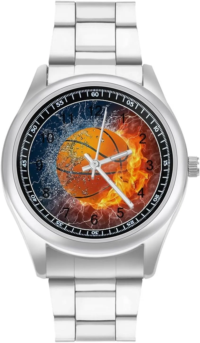 Fire and Ice Basketball Stainless Steel Strap Business Watches for Men Easy Reader Work Casual Watch