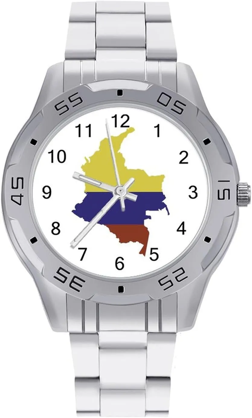 Flag Map of Colombia Stainless Steel Metal Strap Simple Business Watches for Men Easy Reader Work Casual Watch