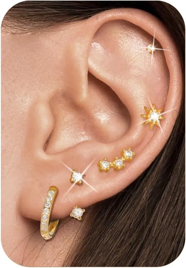 Flat Back Earrings for Women, 14K Gold-plated Hypoallergenic Surgical Steel Hoop & Flatback Stud Cartilage Earrings Set for Sensitive Ears Cubic Zirconia Earring for Women Mother's Day gift