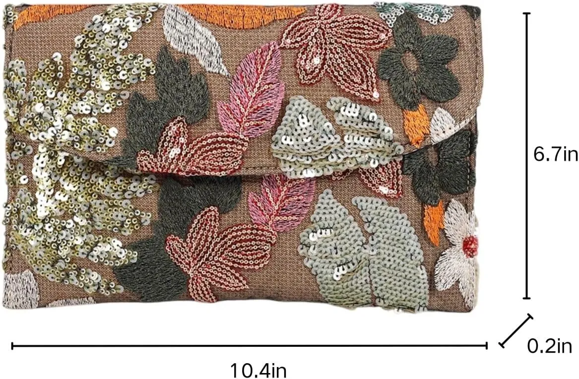 Floral Clutch Purses for Women,Small Summer Embroidery Sequin Evening Bag for Formal Party Wedding