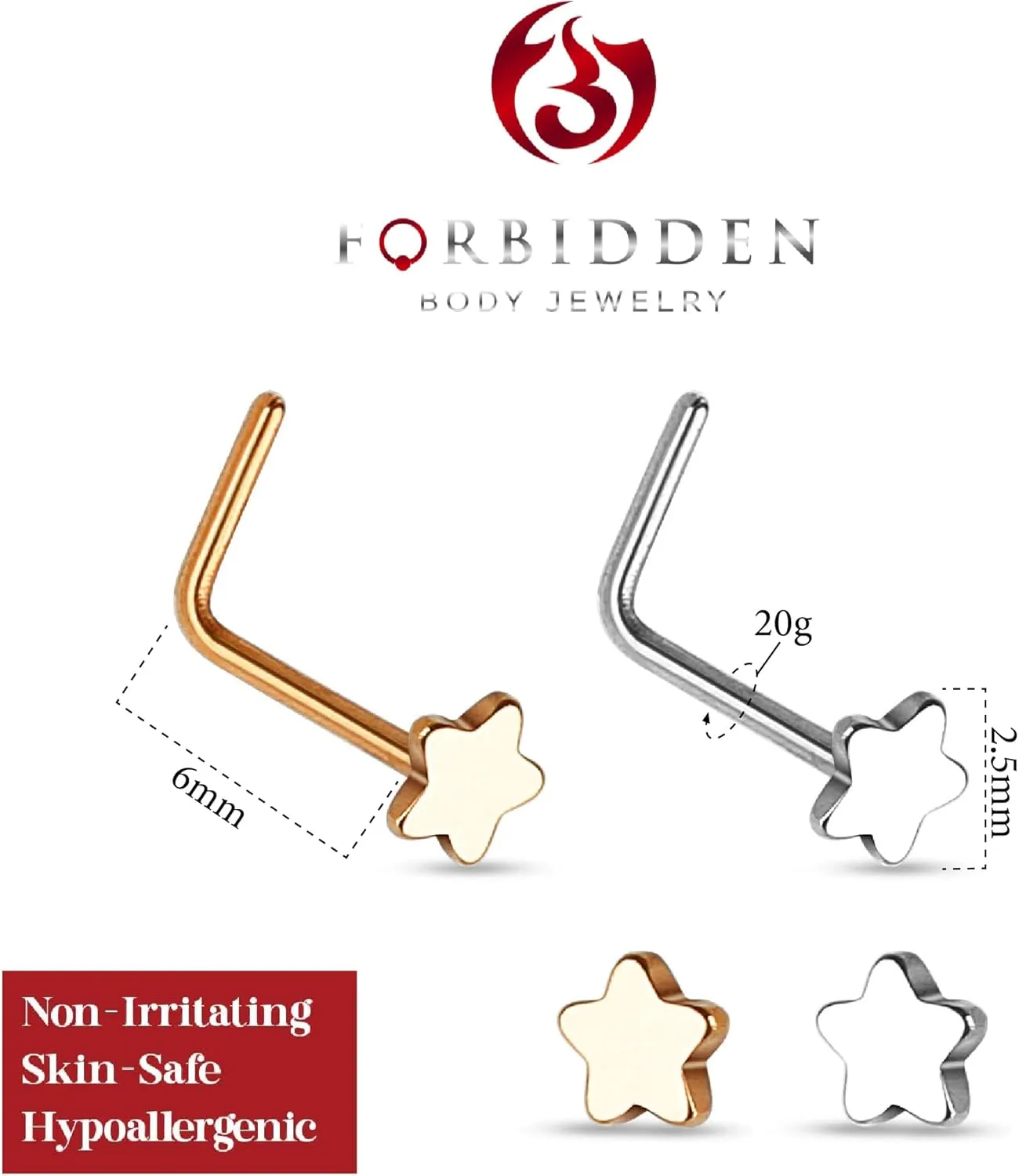 Forbidden Body Jewelry 20g Surgical Steel Star Top L-Shaped Nose Stud (Choose Quantity/Color)