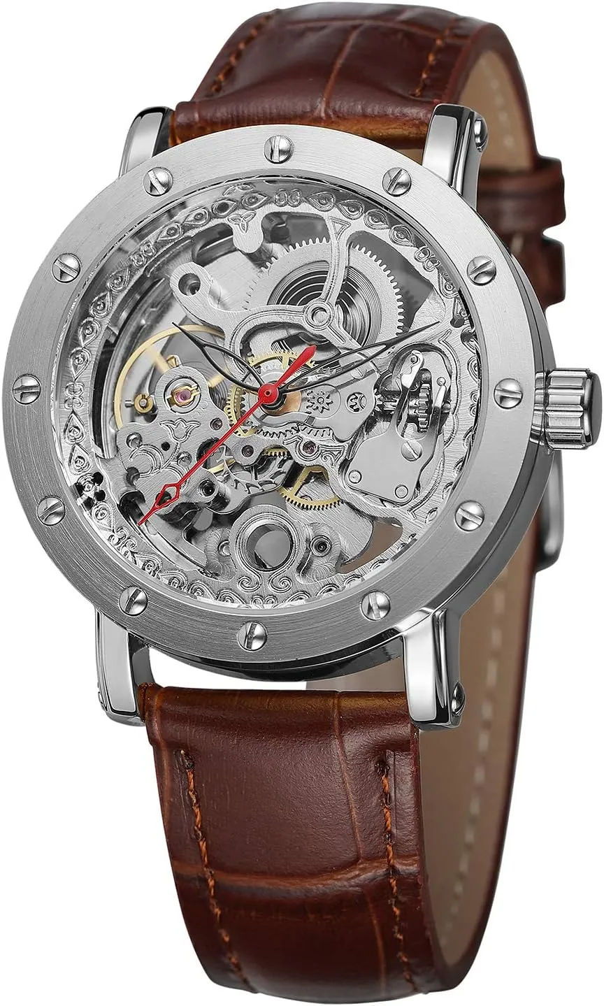 FORSINING Men's High End Vintage Skeleton Automatic Analogue Dress Business Watch with Leather Strap