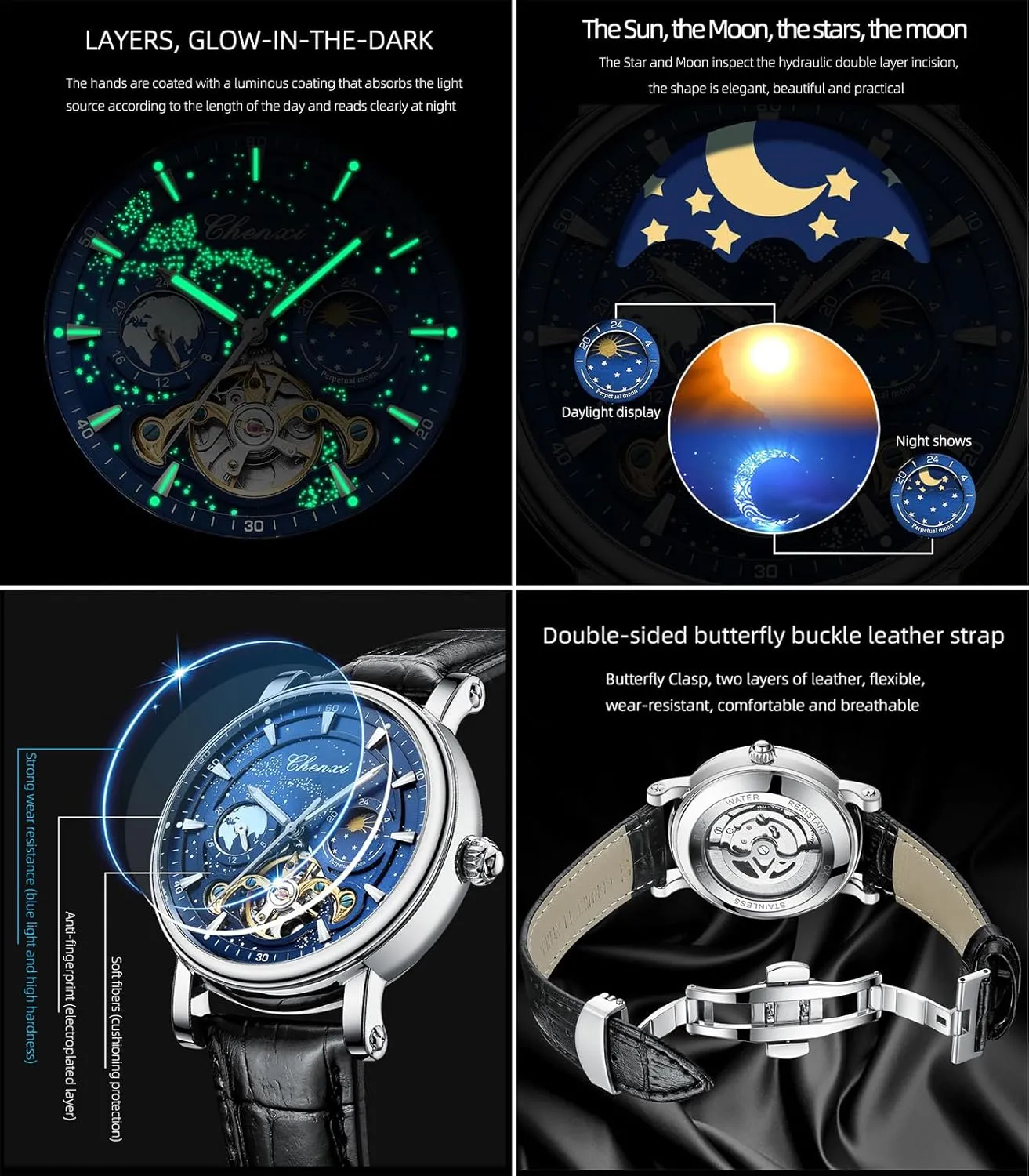 FORSINING Men's Watch Luminous Starry Sky with Moon Phase Tourbillon, Mechanical Automatic Self-Wind Fashion Watches, Stainless Steel Case Leather Belt Wristwatch