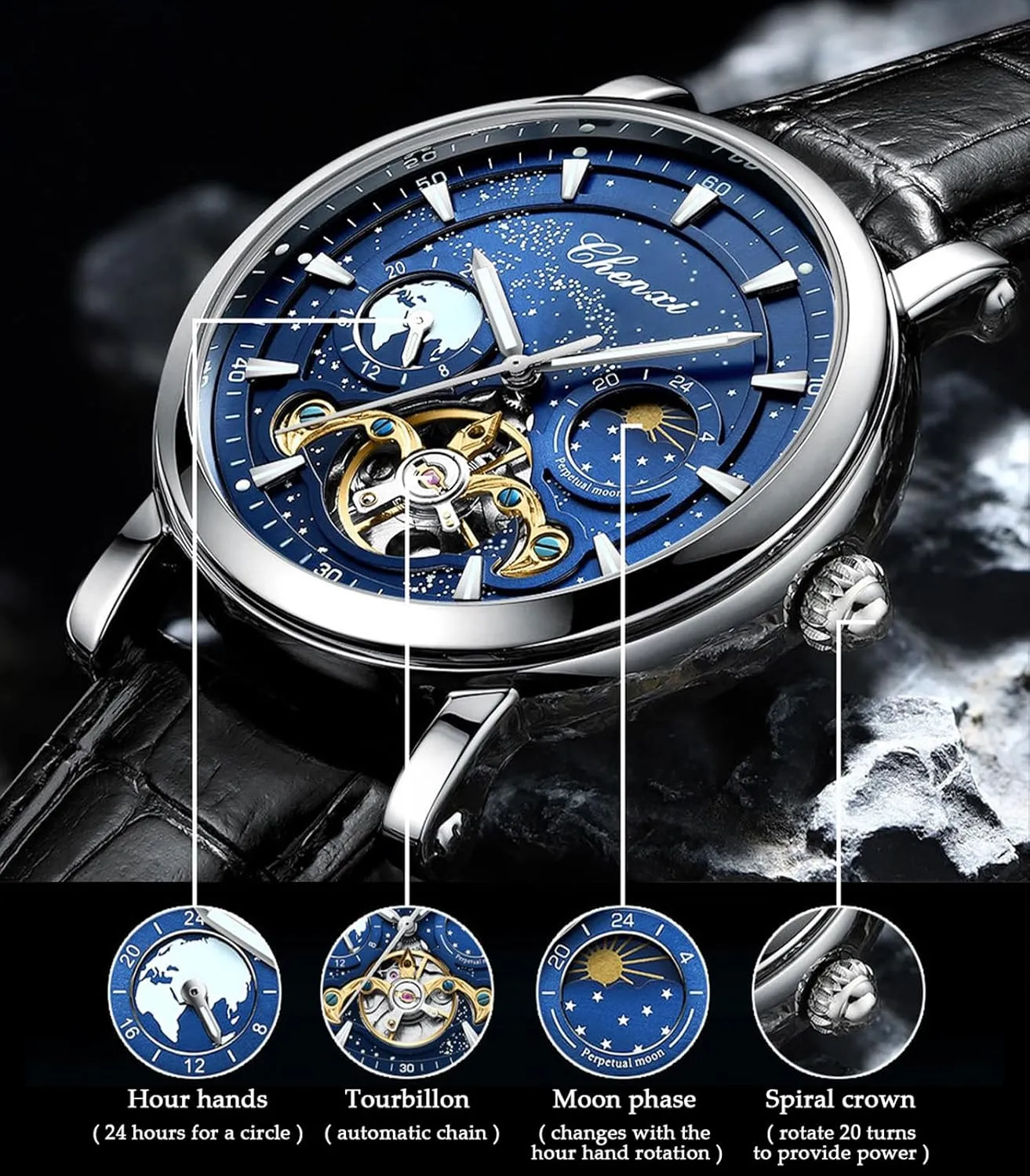 FORSINING Men's Watch Luminous Starry Sky with Moon Phase Tourbillon, Mechanical Automatic Self-Wind Fashion Watches, Stainless Steel Case Leather Belt Wristwatch