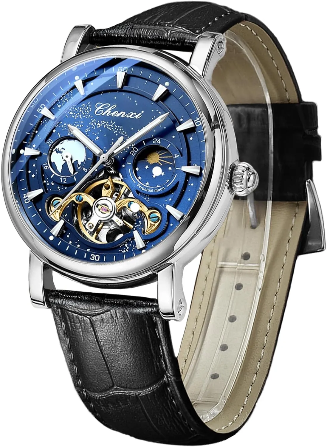 FORSINING Men's Watch Luminous Starry Sky with Moon Phase Tourbillon, Mechanical Automatic Self-Wind Fashion Watches, Stainless Steel Case Leather Belt Wristwatch