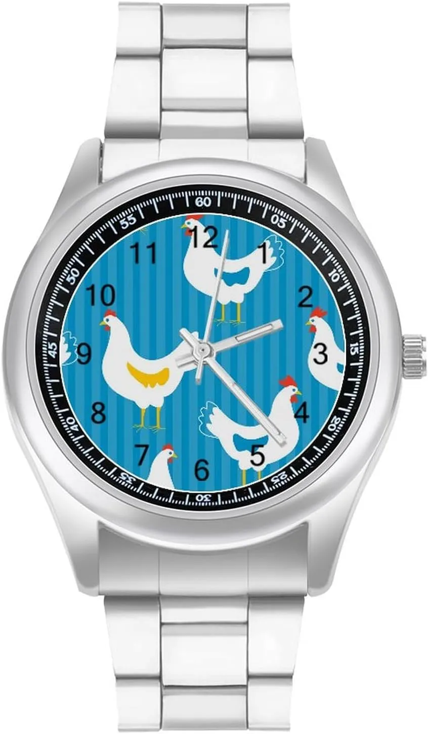 Funny Chicken Stainless Steel Strap Business Watches for Men Easy Reader Work Casual Watch