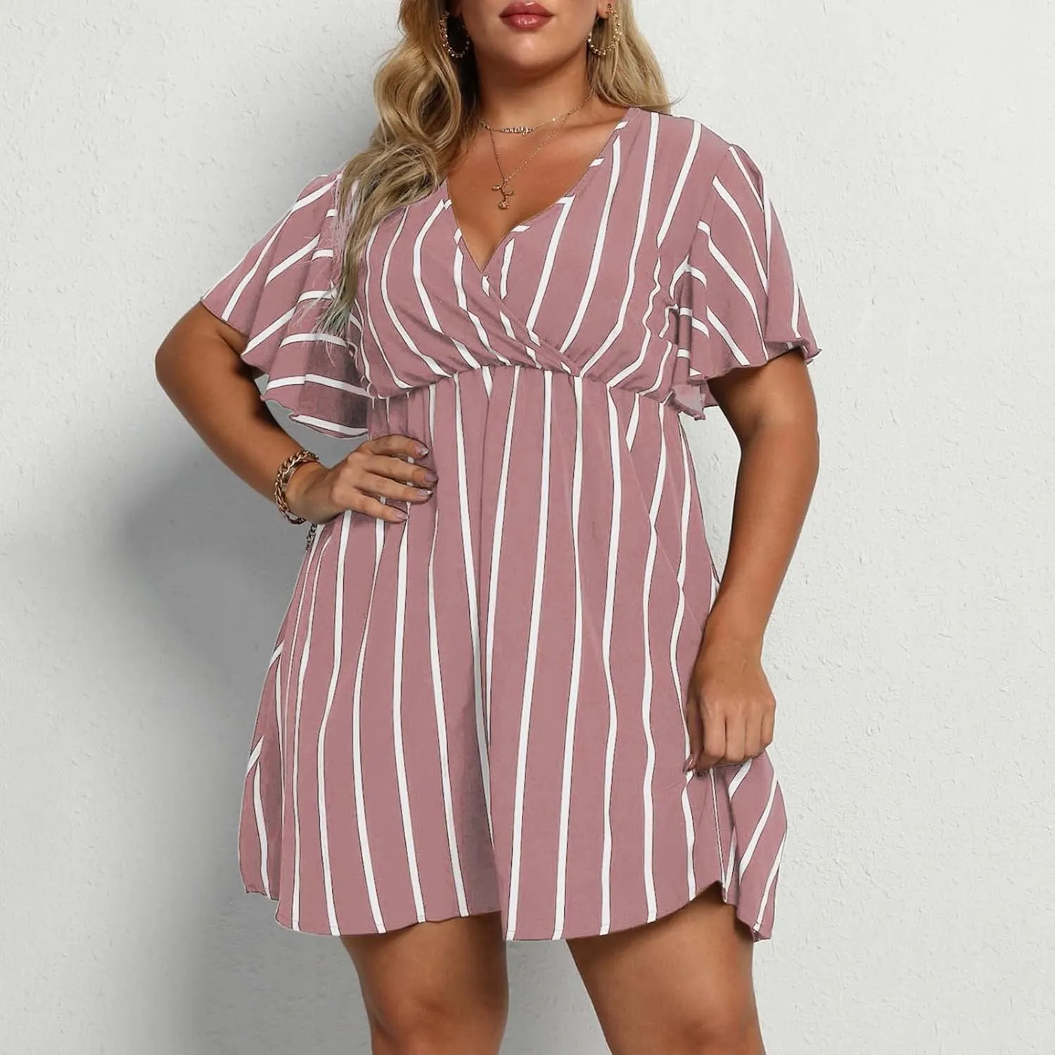 FZYLQY Plus Size Summer Mini Dress for Womens - Sexy Beach Wrap Dresses Deep V Neck Striped Dresses Empire Waist Romper Dress