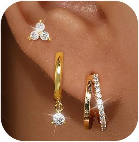 GEORGE  SMITH Dainty Gold Earring Sets for Multiple Piercing 14k Gold Plated Hoop Cartilage Huggie Earring Set Hypoallergenic CZ Earrings Jewelry Stud Dangle Earrings for Women