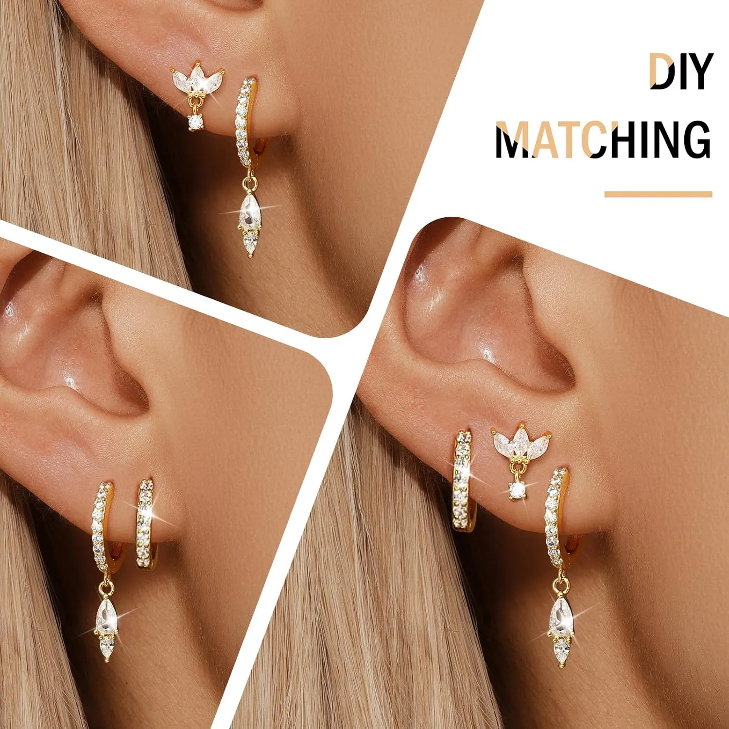 GEORGE  SMITH Gold Earring Sets for Multiple Piercing 14K Gold Plated Dainty Earrings for Women Hypoallergenic Huggie Hoop Drop Dangle Stud Earrings Cartilage Earring Set