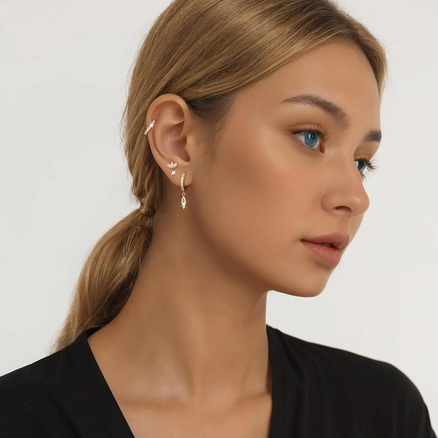 GEORGE  SMITH Gold Earring Sets for Multiple Piercing 14K Gold Plated Dainty Earrings for Women Hypoallergenic Huggie Hoop Drop Dangle Stud Earrings Cartilage Earring Set