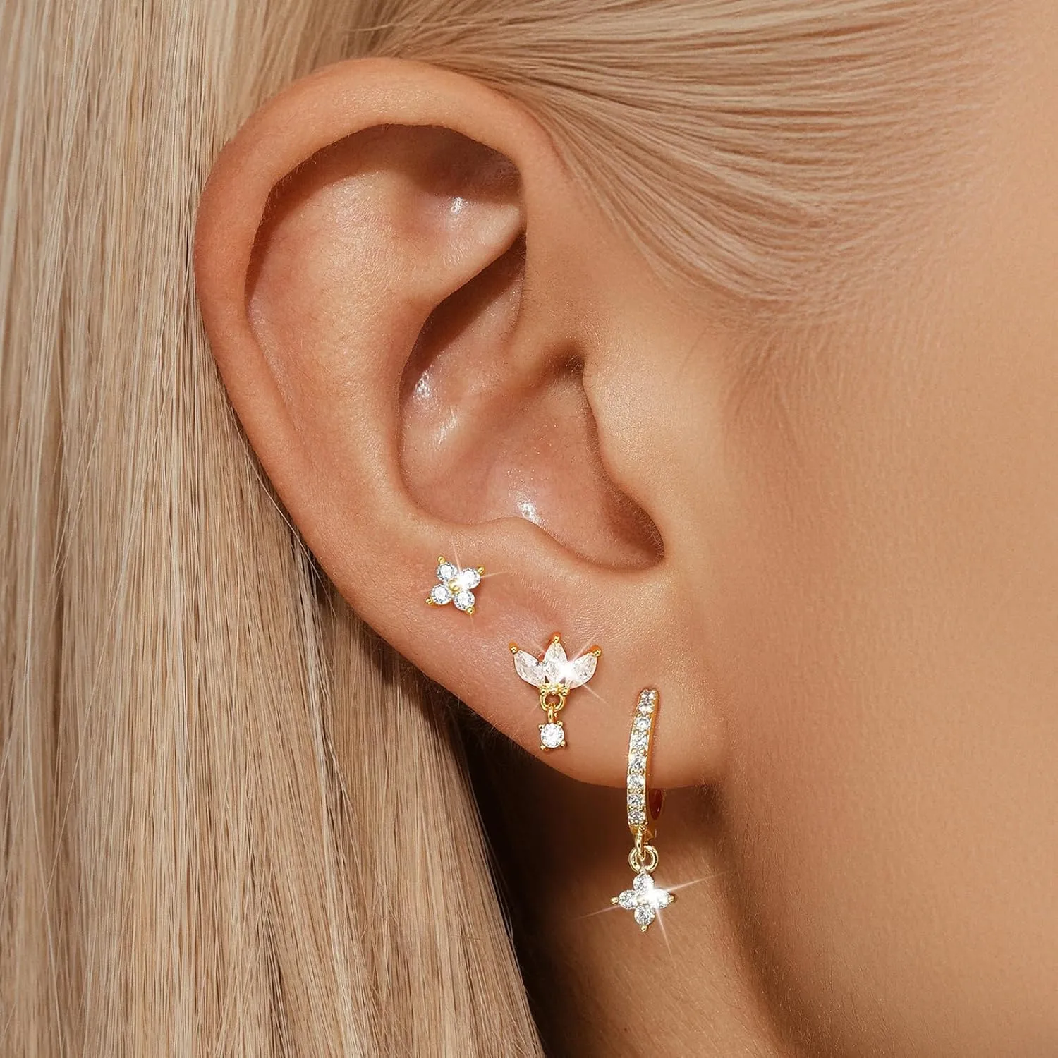 GEORGE  SMITH Gold Earring Sets for Multiple Piercing 14K Gold Plated Dainty Earrings for Women Hypoallergenic Huggie Hoop Drop Dangle Stud Earrings Cartilage Earring Set