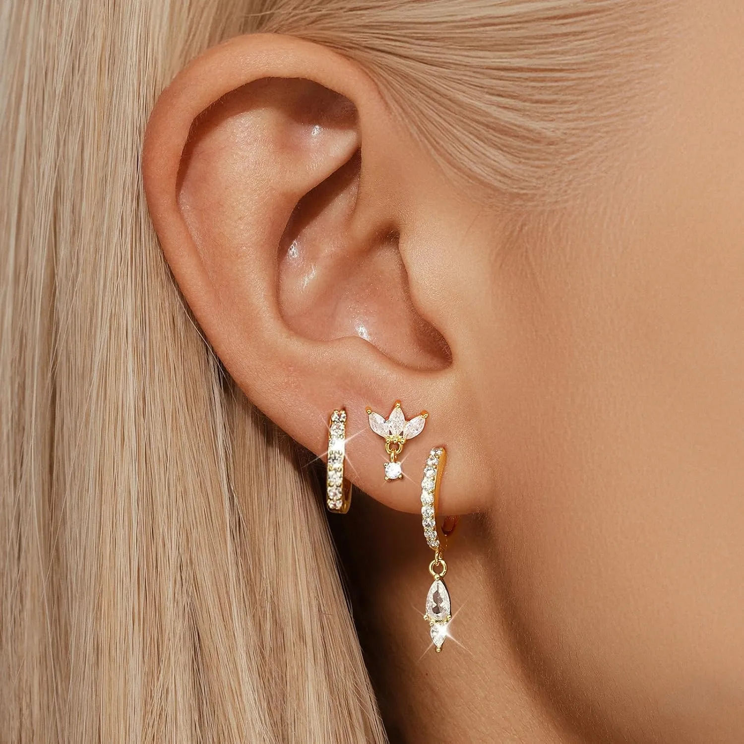 GEORGE  SMITH Gold Earring Sets for Multiple Piercing 14K Gold Plated Dainty Earrings for Women Hypoallergenic Huggie Hoop Drop Dangle Stud Earrings Cartilage Earring Set