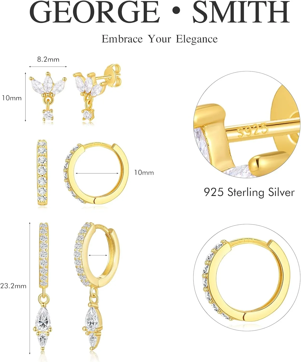 GEORGE  SMITH Gold Earring Sets for Multiple Piercing 14K Gold Plated Dainty Earrings for Women Hypoallergenic Huggie Hoop Drop Dangle Stud Earrings Cartilage Earring Set