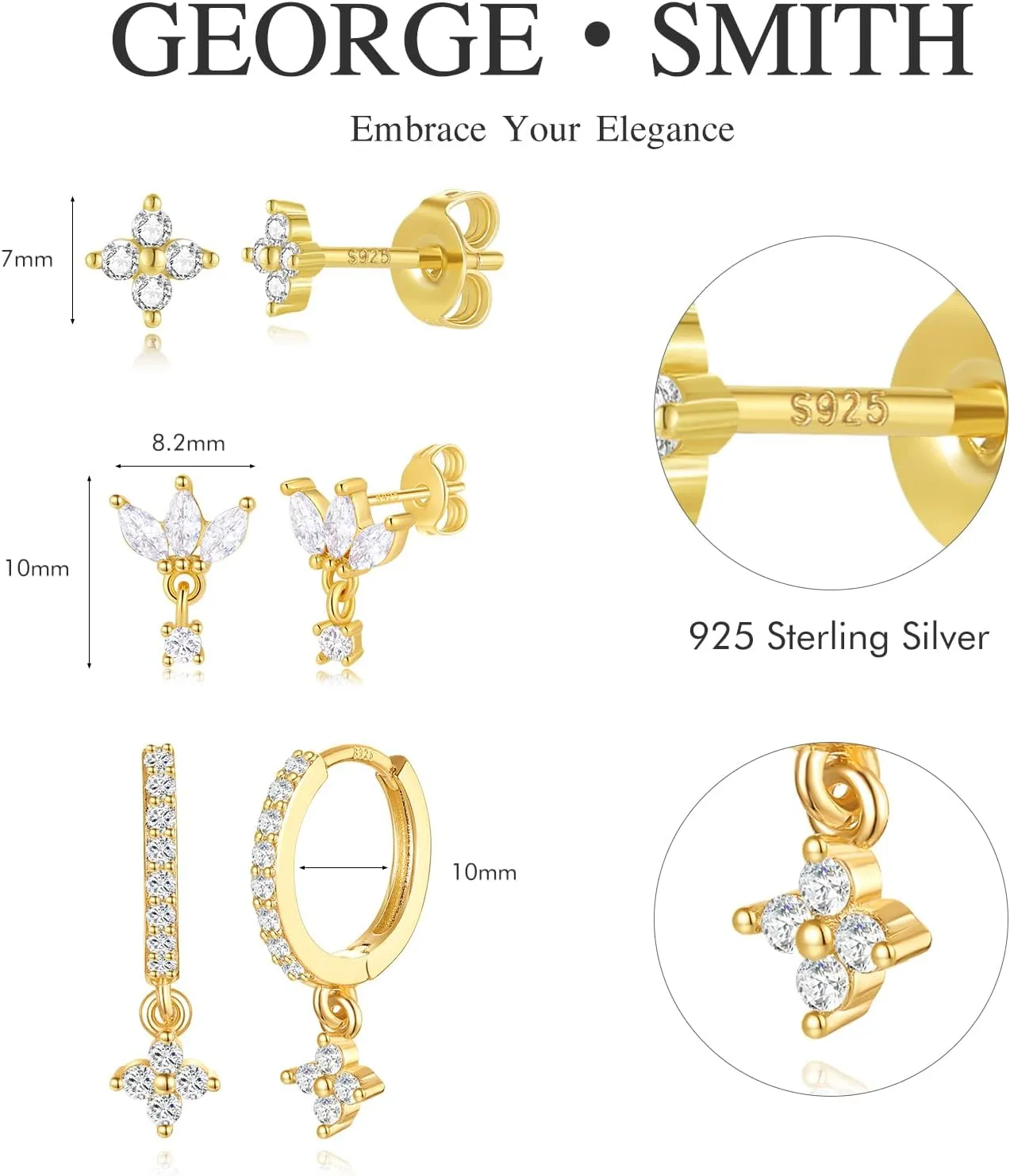 GEORGE  SMITH Gold Earring Sets for Multiple Piercing 14K Gold Plated Dainty Earrings for Women Hypoallergenic Huggie Hoop Drop Dangle Stud Earrings Cartilage Earring Set