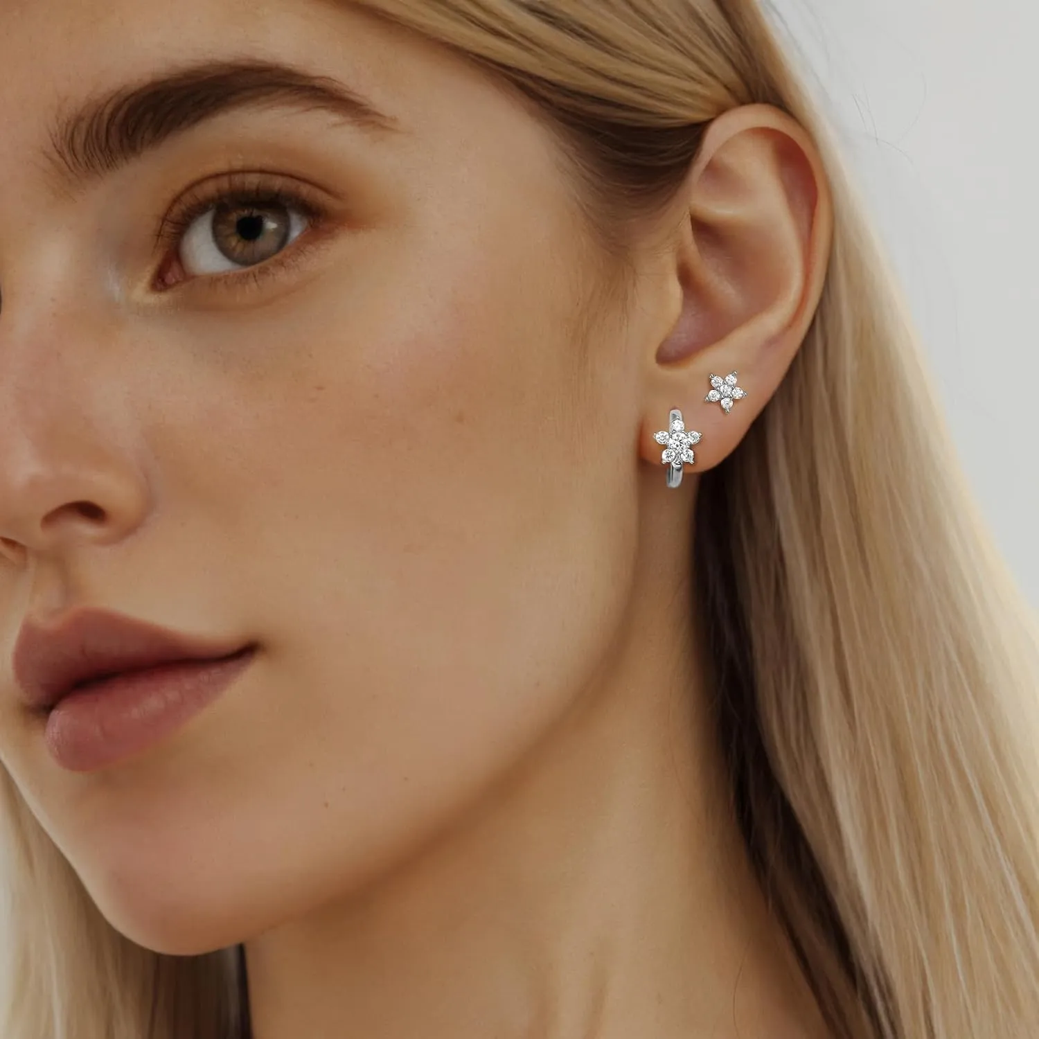 GEORGE  SMITH Gold Flower Earrings for Women, 925 Sterling Silver Flower Stud Cartilage Earring Set, Cubic Zirconia Earring Sets for Multiple Piercing, Dainty Gold Stud Earrings Set