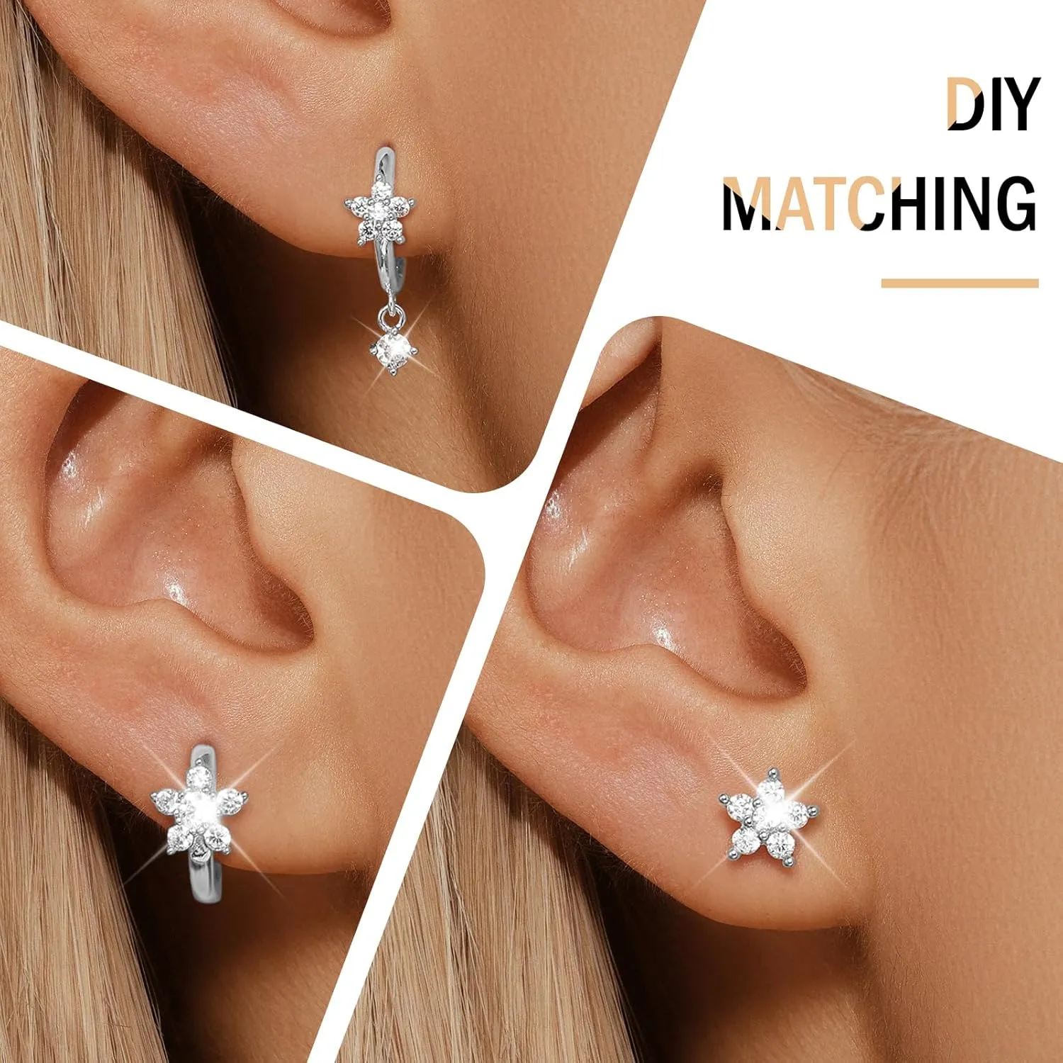 GEORGE  SMITH Gold Flower Earrings for Women, 925 Sterling Silver Flower Stud Cartilage Earring Set, Cubic Zirconia Earring Sets for Multiple Piercing, Dainty Gold Stud Earrings Set