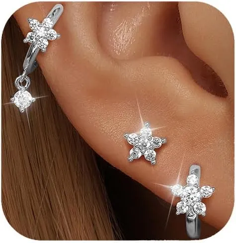 GEORGE  SMITH Gold Flower Earrings for Women, 925 Sterling Silver Flower Stud Cartilage Earring Set, Cubic Zirconia Earring Sets for Multiple Piercing, Dainty Gold Stud Earrings Set