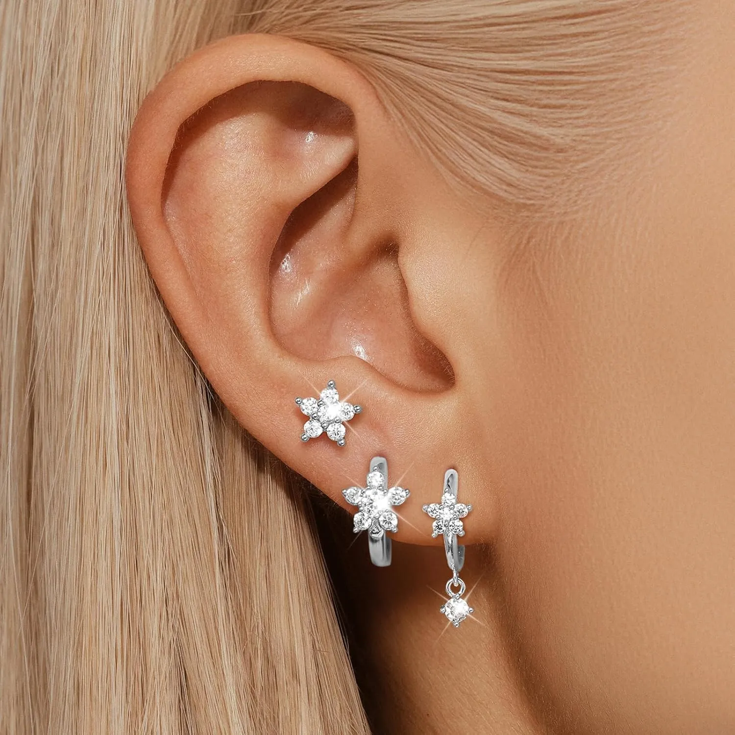 GEORGE  SMITH Gold Flower Earrings for Women, 925 Sterling Silver Flower Stud Cartilage Earring Set, Cubic Zirconia Earring Sets for Multiple Piercing, Dainty Gold Stud Earrings Set