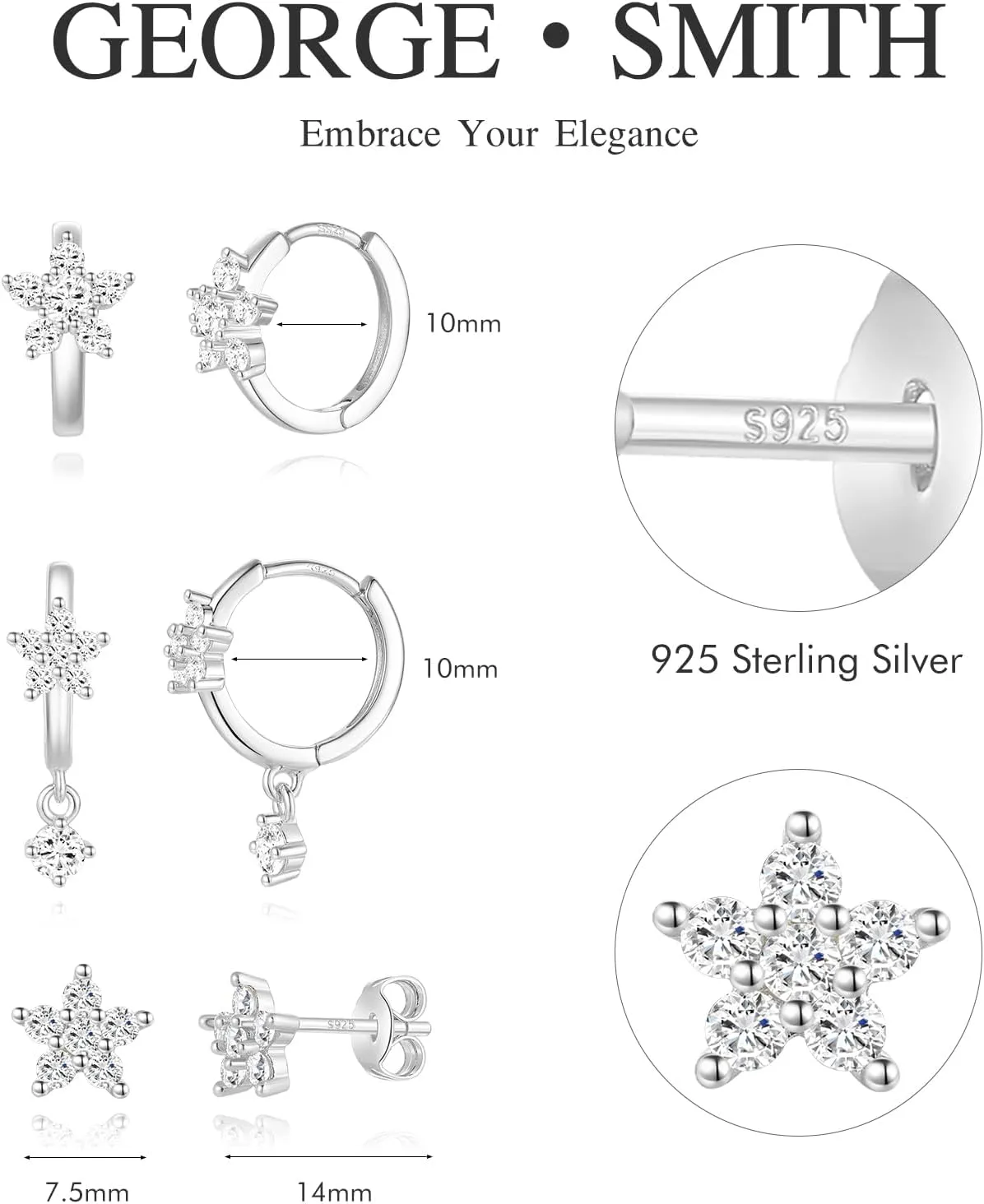 GEORGE  SMITH Gold Flower Earrings for Women, 925 Sterling Silver Flower Stud Cartilage Earring Set, Cubic Zirconia Earring Sets for Multiple Piercing, Dainty Gold Stud Earrings Set