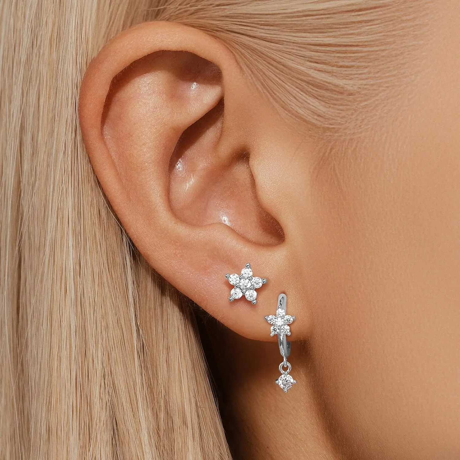 GEORGE  SMITH Gold Flower Earrings for Women, 925 Sterling Silver Flower Stud Cartilage Earring Set, Cubic Zirconia Earring Sets for Multiple Piercing, Dainty Gold Stud Earrings Set