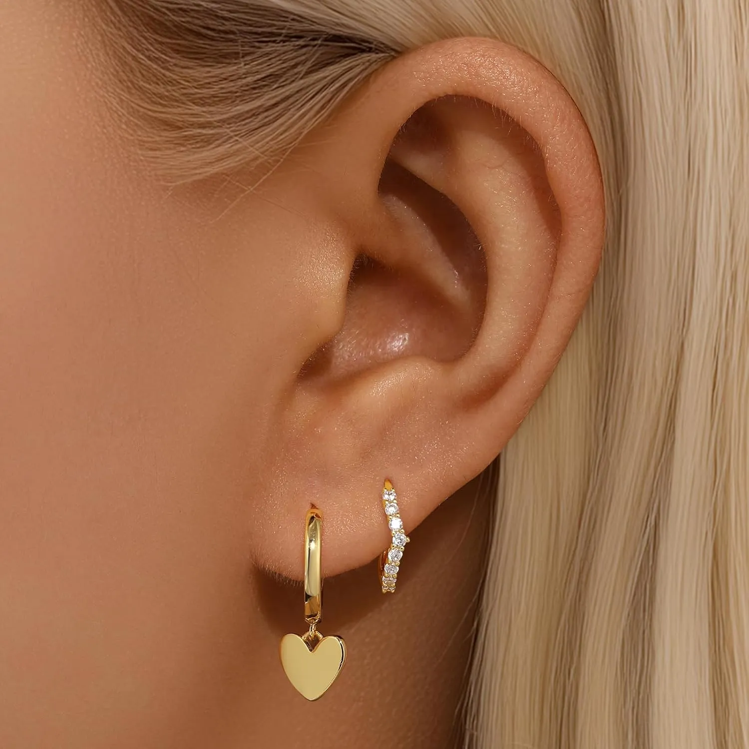 GEORGE  SMITH Small Dainty Gold Hoop Earrings for Women, Heart Hoop Earrings Set Cubic Zirconia Cute Huggie Stud Earring, 14K Gold Plated Earrings Set for Multiple Piercings