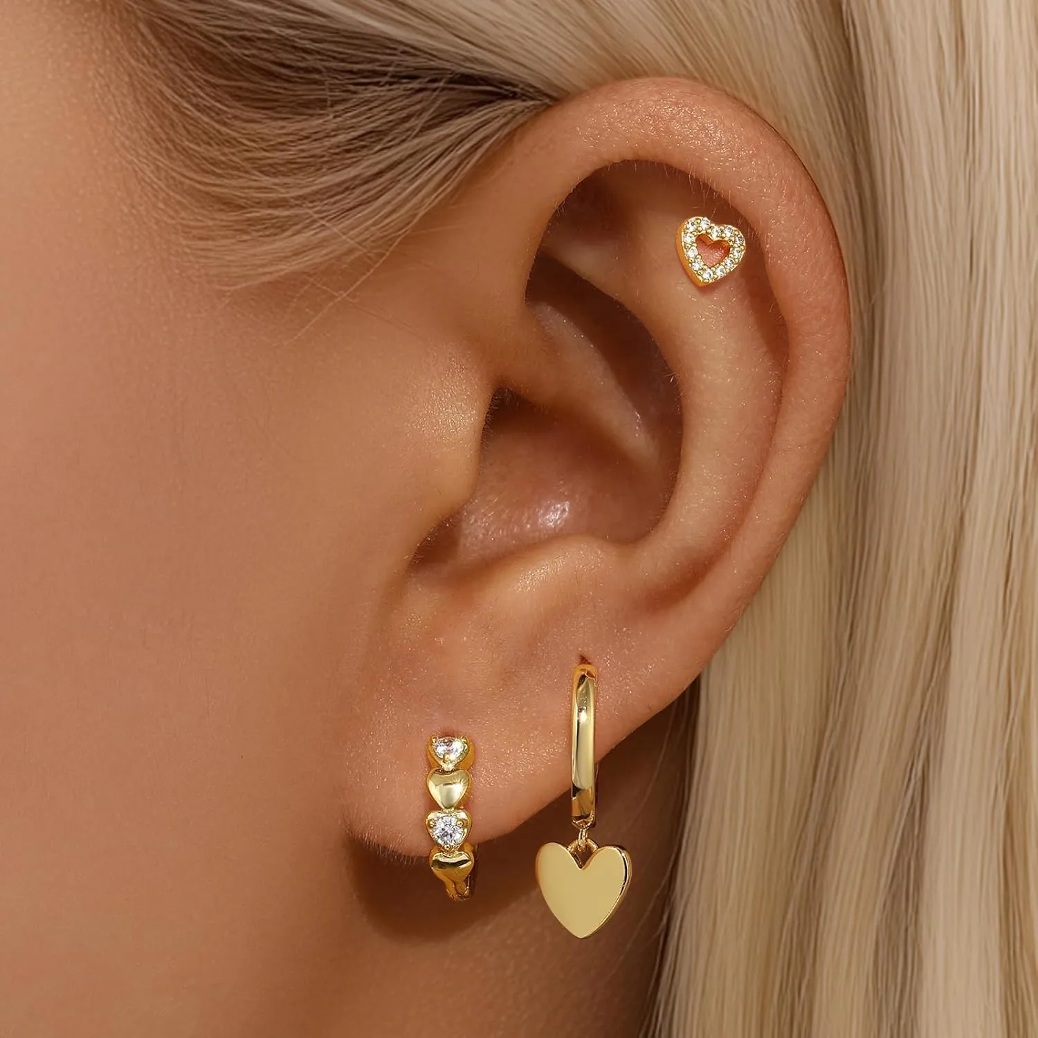 GEORGE  SMITH Small Dainty Gold Hoop Earrings for Women, Heart Hoop Earrings Set Cubic Zirconia Cute Huggie Stud Earring, 14K Gold Plated Earrings Set for Multiple Piercings
