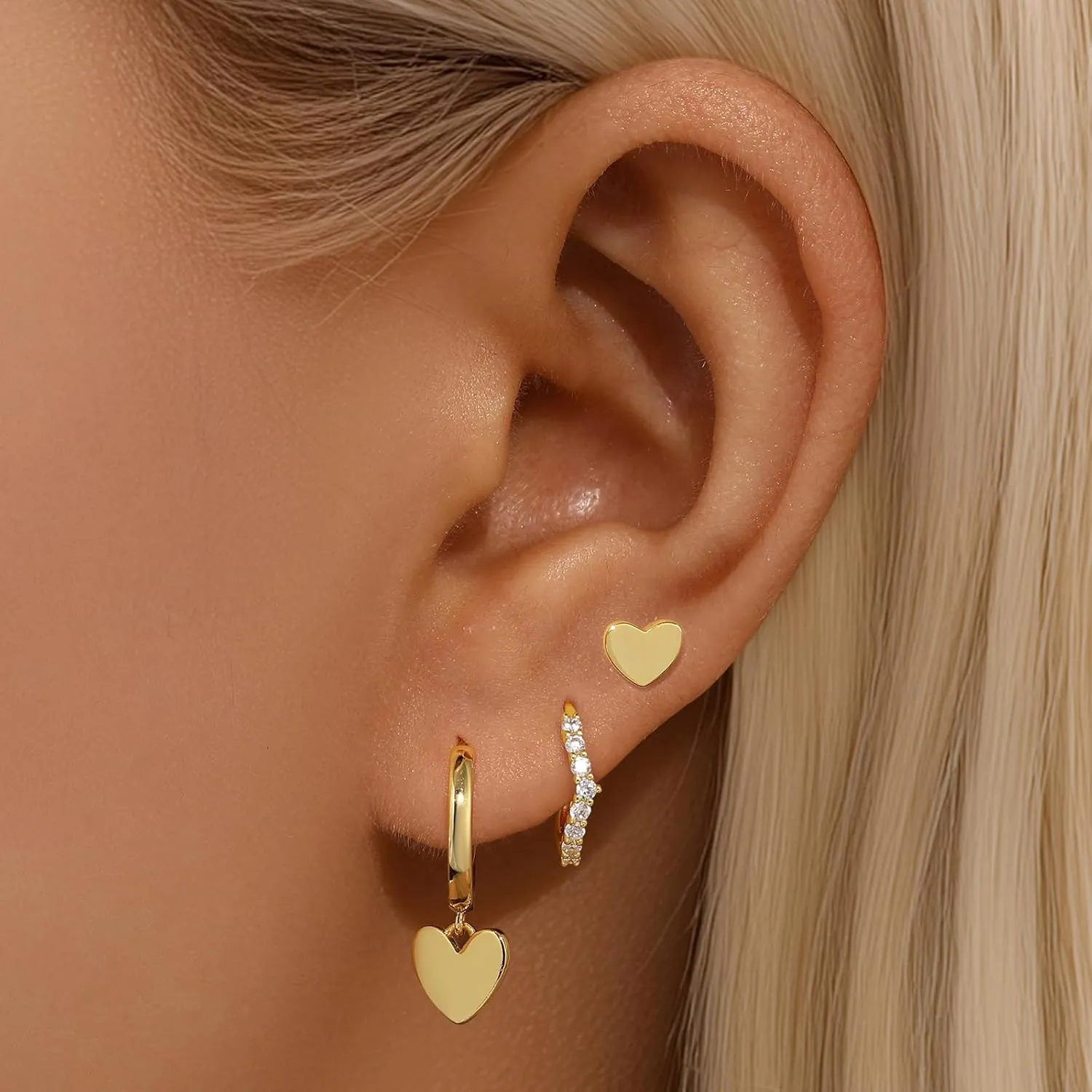 GEORGE  SMITH Small Dainty Gold Hoop Earrings for Women, Heart Hoop Earrings Set Cubic Zirconia Cute Huggie Stud Earring, 14K Gold Plated Earrings Set for Multiple Piercings