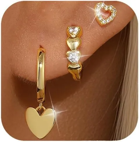 GEORGE  SMITH Small Dainty Gold Hoop Earrings for Women, Heart Hoop Earrings Set Cubic Zirconia Cute Huggie Stud Earring, 14K Gold Plated Earrings Set for Multiple Piercings