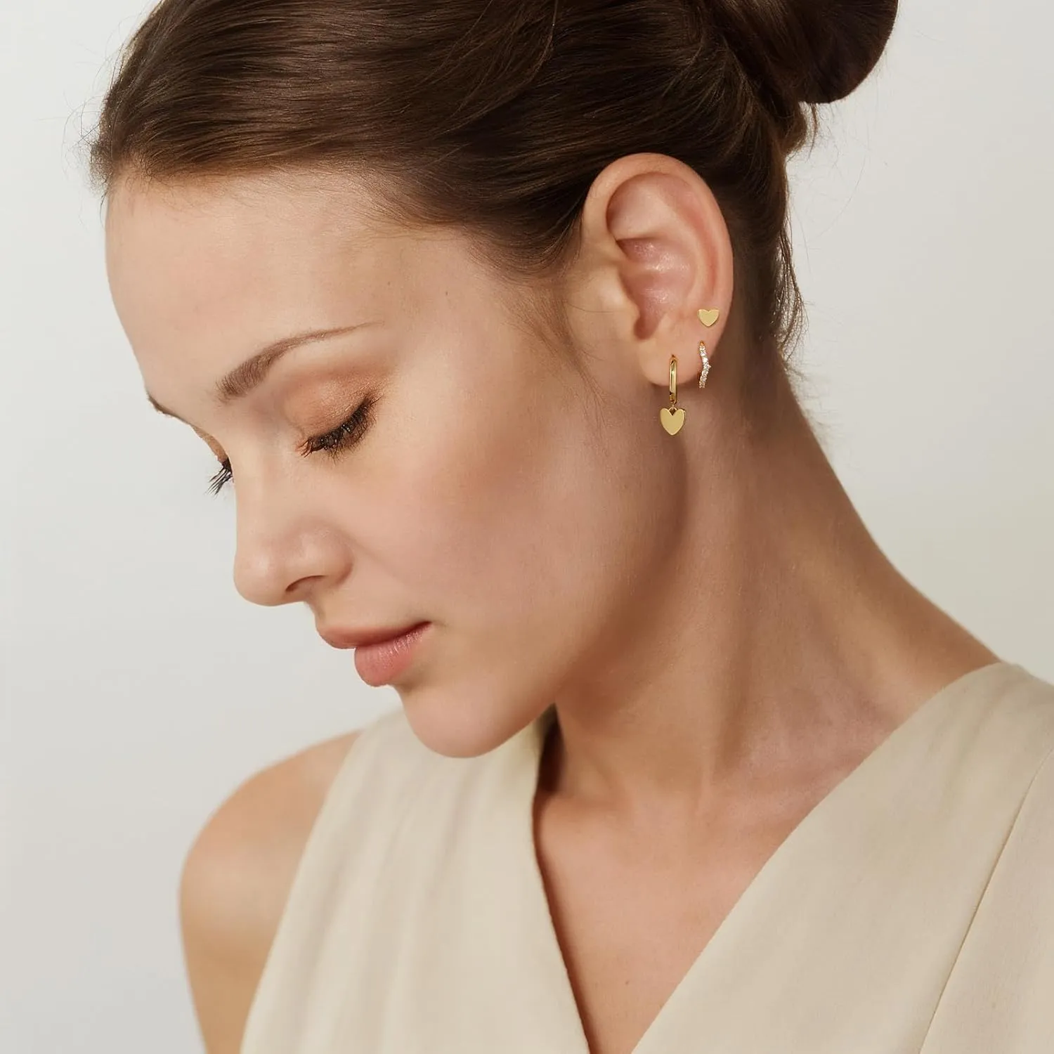 GEORGE  SMITH Small Dainty Gold Hoop Earrings for Women, Heart Hoop Earrings Set Cubic Zirconia Cute Huggie Stud Earring, 14K Gold Plated Earrings Set for Multiple Piercings