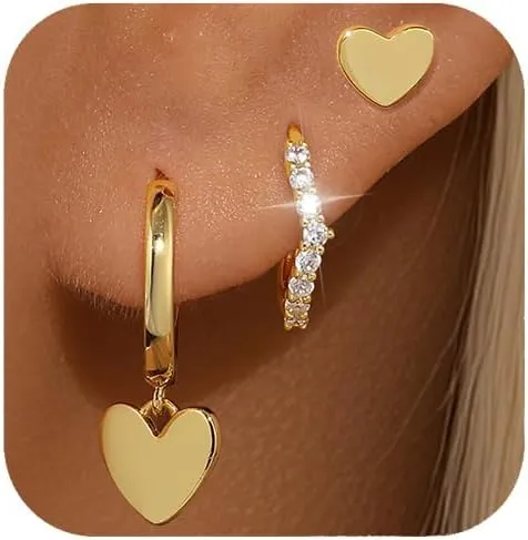 GEORGE  SMITH Small Dainty Gold Hoop Earrings for Women, Heart Hoop Earrings Set Cubic Zirconia Cute Huggie Stud Earring, 14K Gold Plated Earrings Set for Multiple Piercings