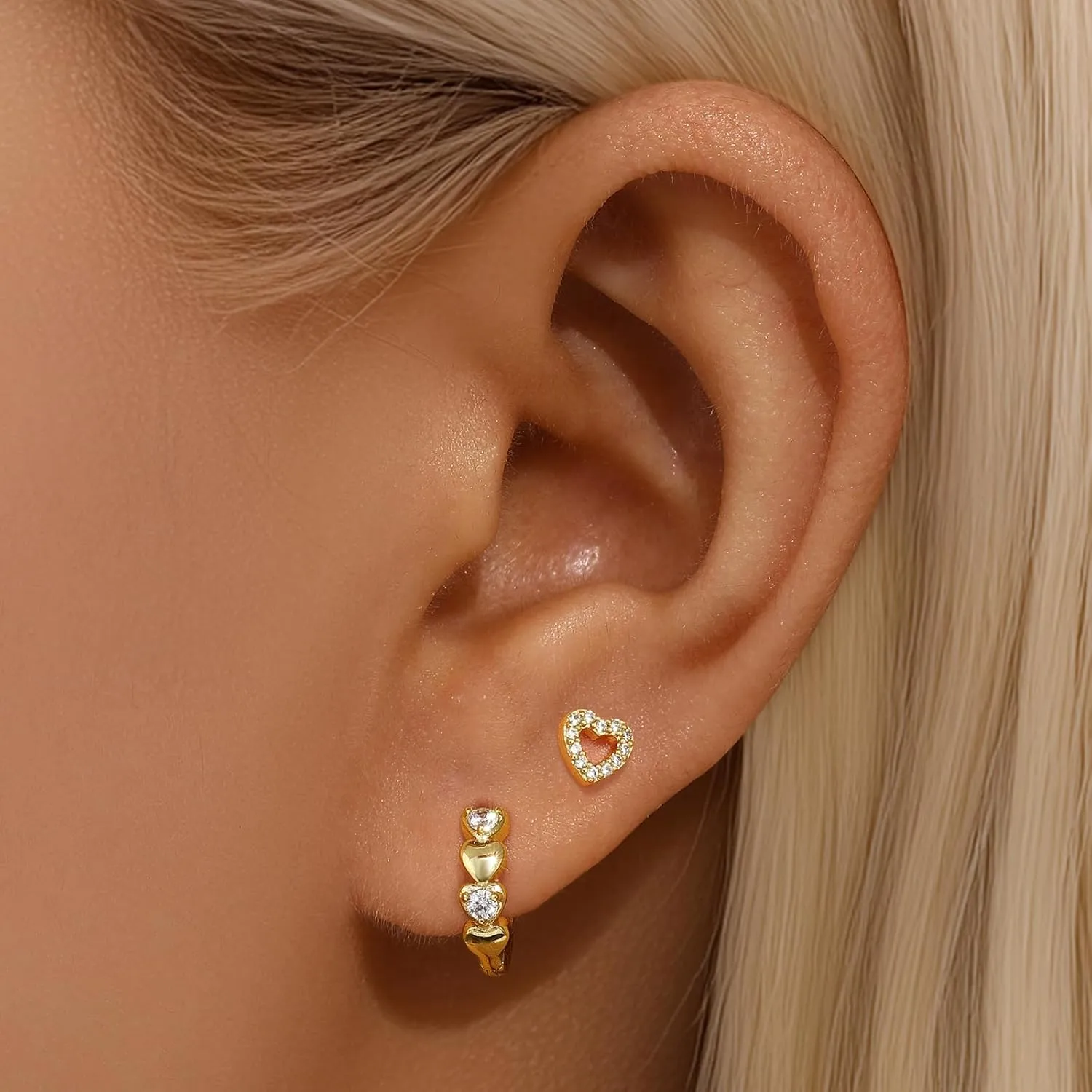 GEORGE  SMITH Small Dainty Gold Hoop Earrings for Women, Heart Hoop Earrings Set Cubic Zirconia Cute Huggie Stud Earring, 14K Gold Plated Earrings Set for Multiple Piercings