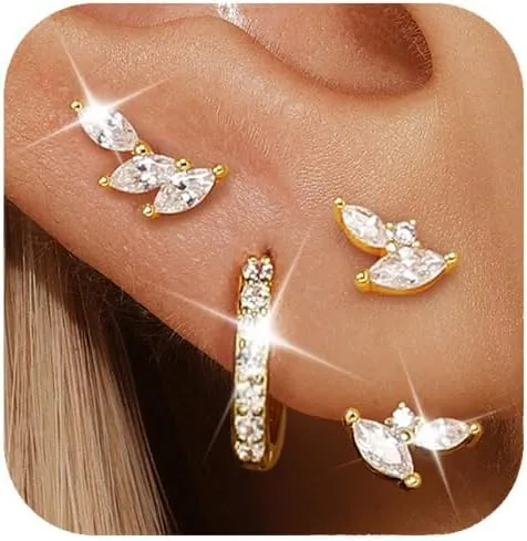 GEORGE  SMITH Sterling silver Earrings Set for Women, 14K gold plated Earrings Girls, 3 Pairs Earrings Set Hypoallergenic for Multiple Piercing