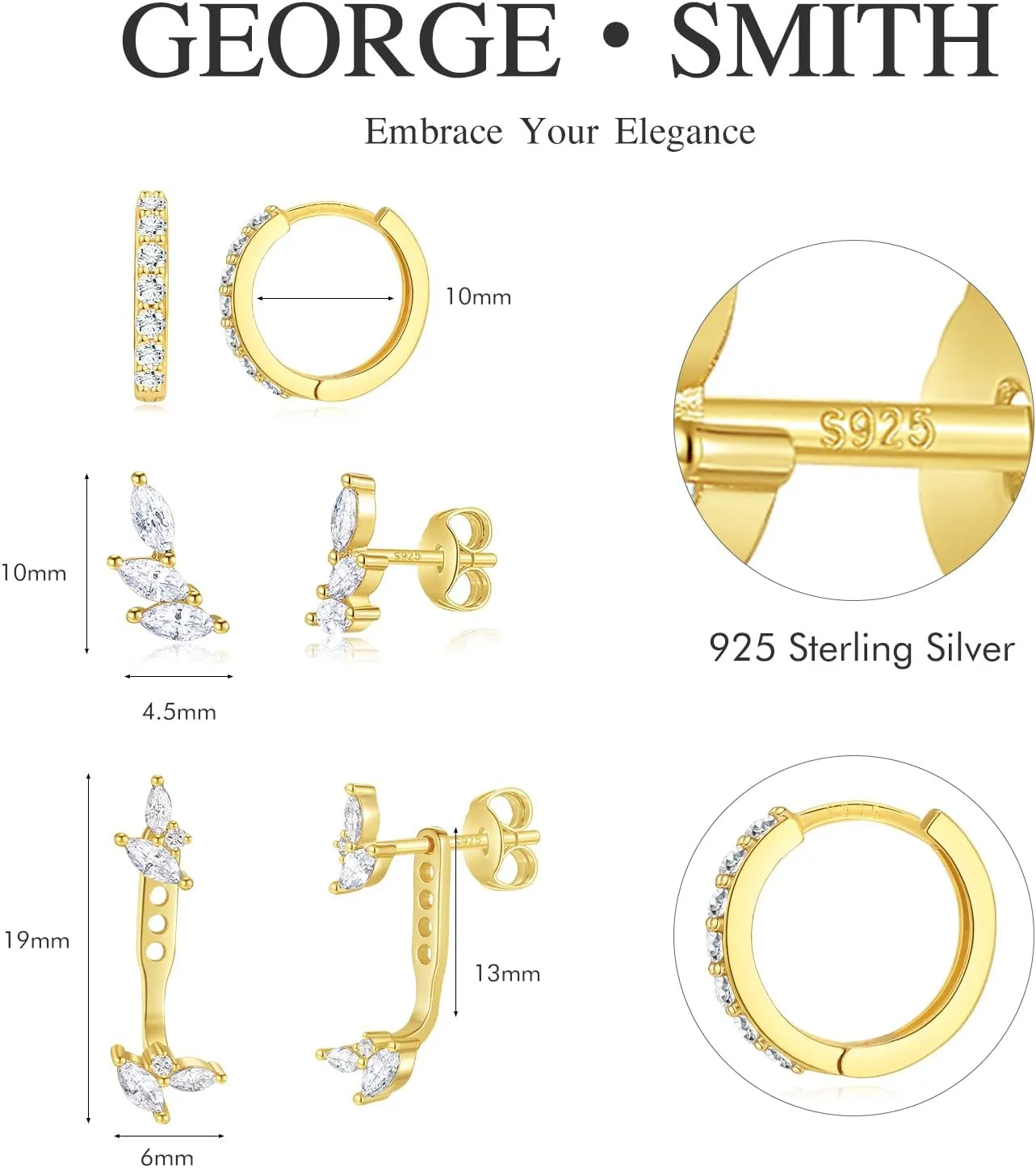 GEORGE  SMITH Sterling silver Earrings Set for Women, 14K gold plated Earrings Girls, 3 Pairs Earrings Set Hypoallergenic for Multiple Piercing